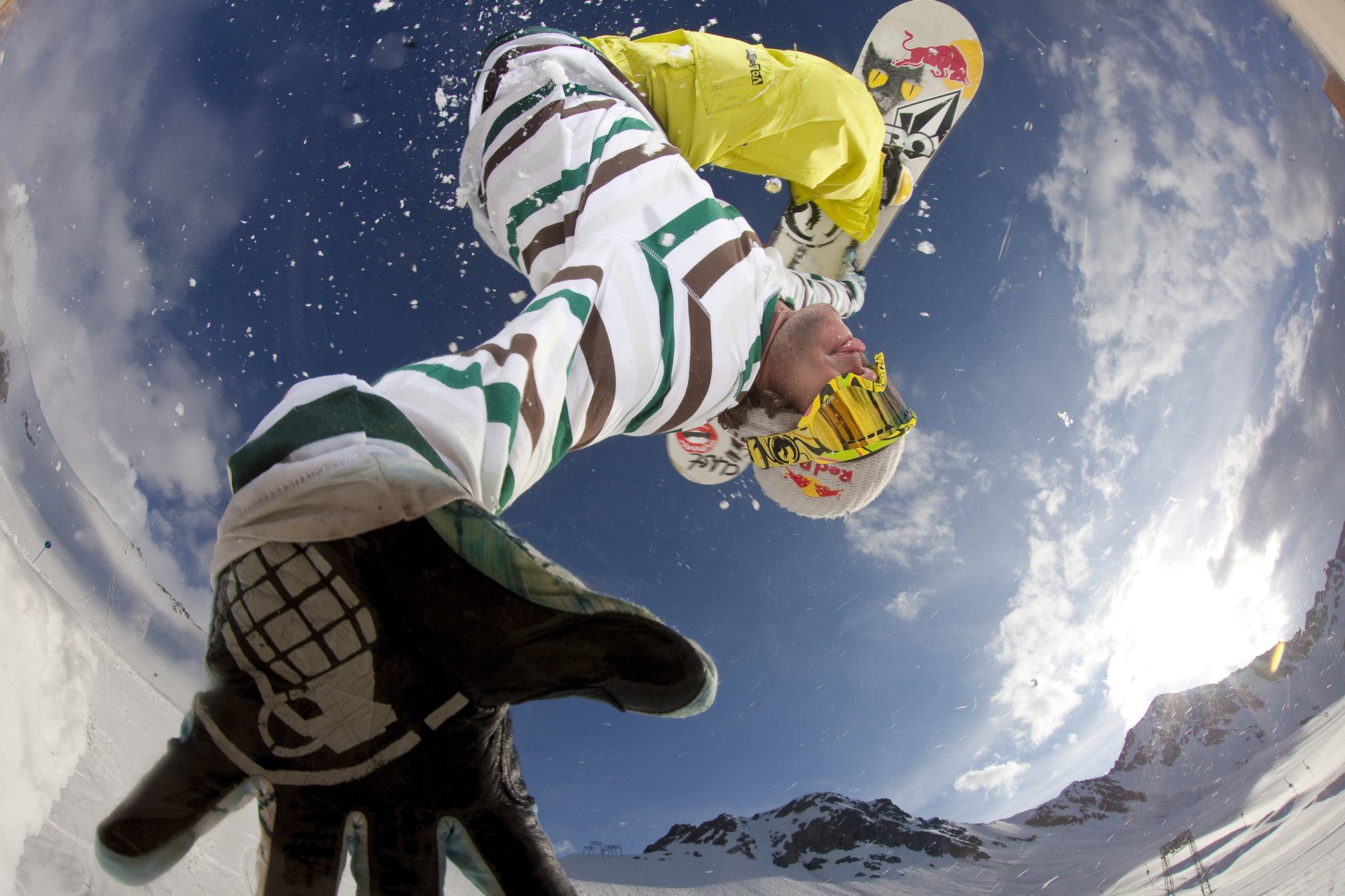 Snowboarder's jump, photo from below