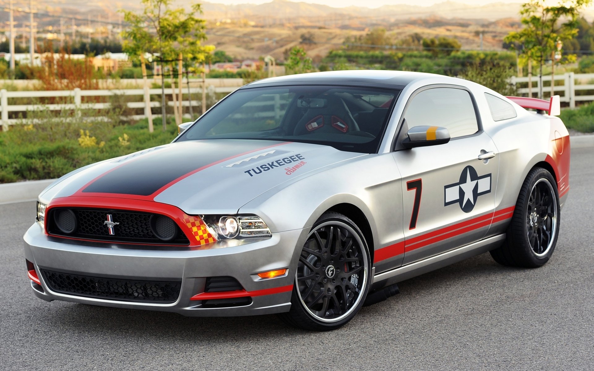 ford mustang gt red tails coupe front tuning grey muscle car background