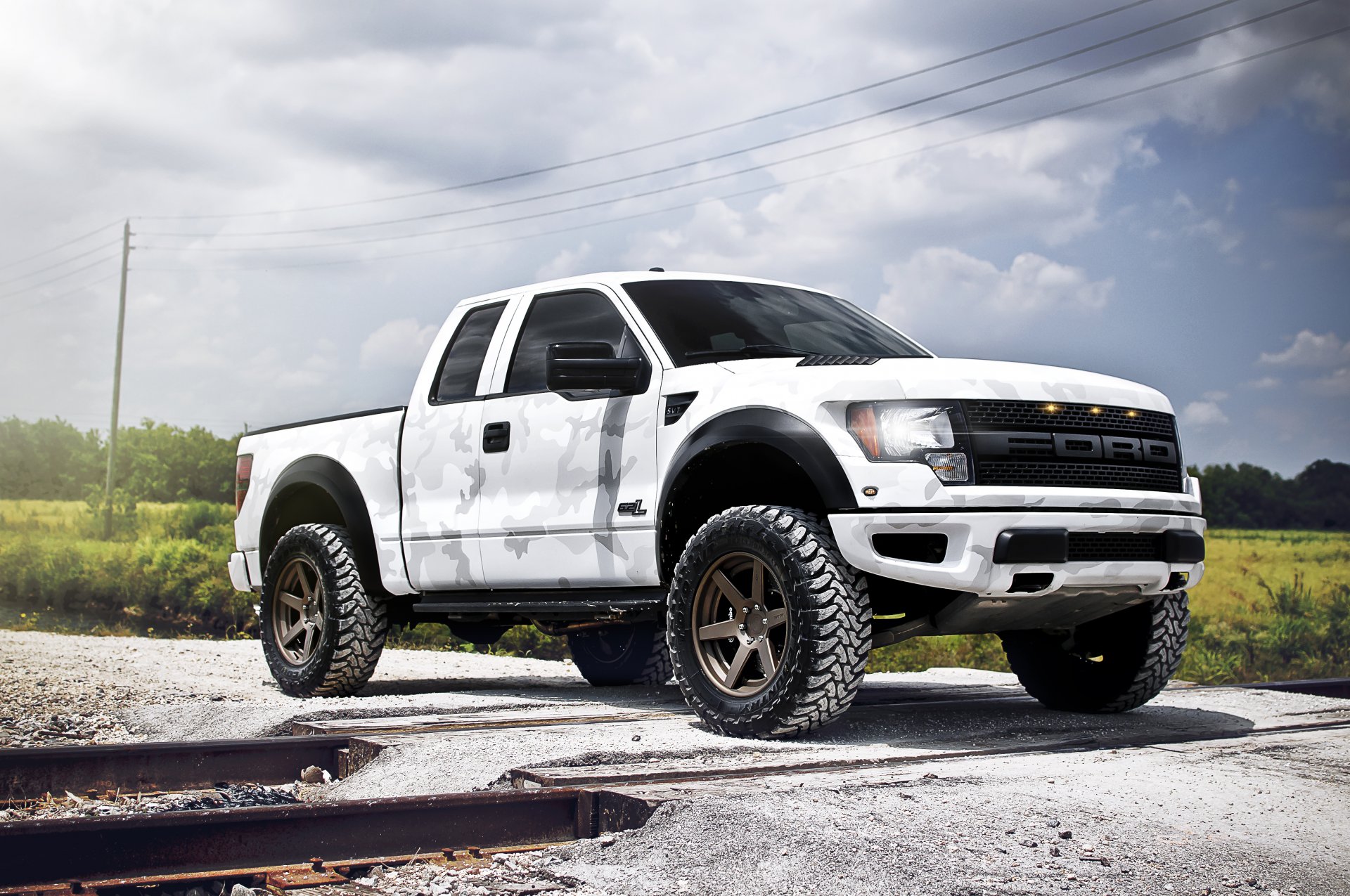 ford f-150 svt raptor white camouflage coloring truck sky clouds rails