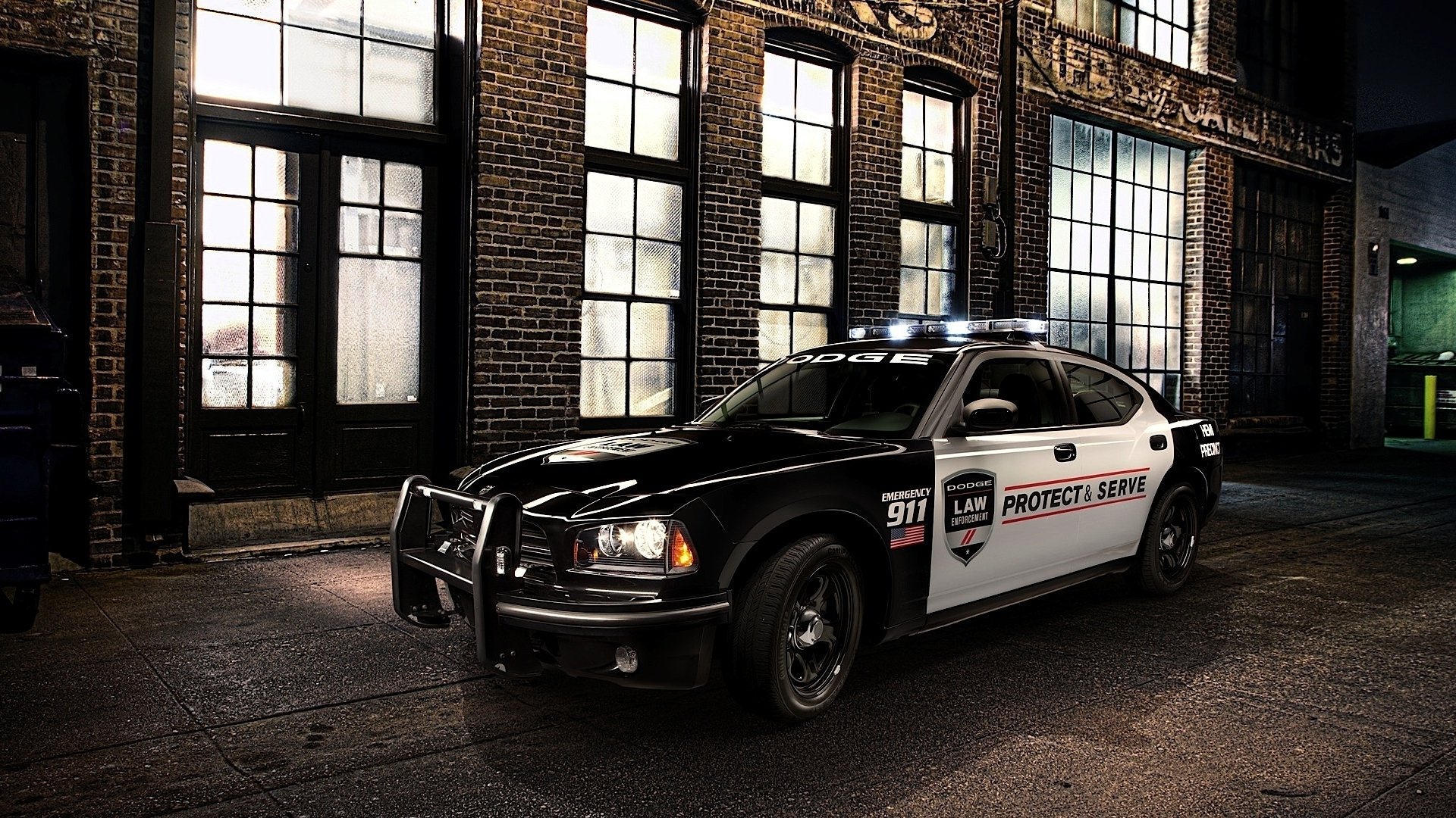dodge charger pursuit pace car chardzher front muscle car night building background
