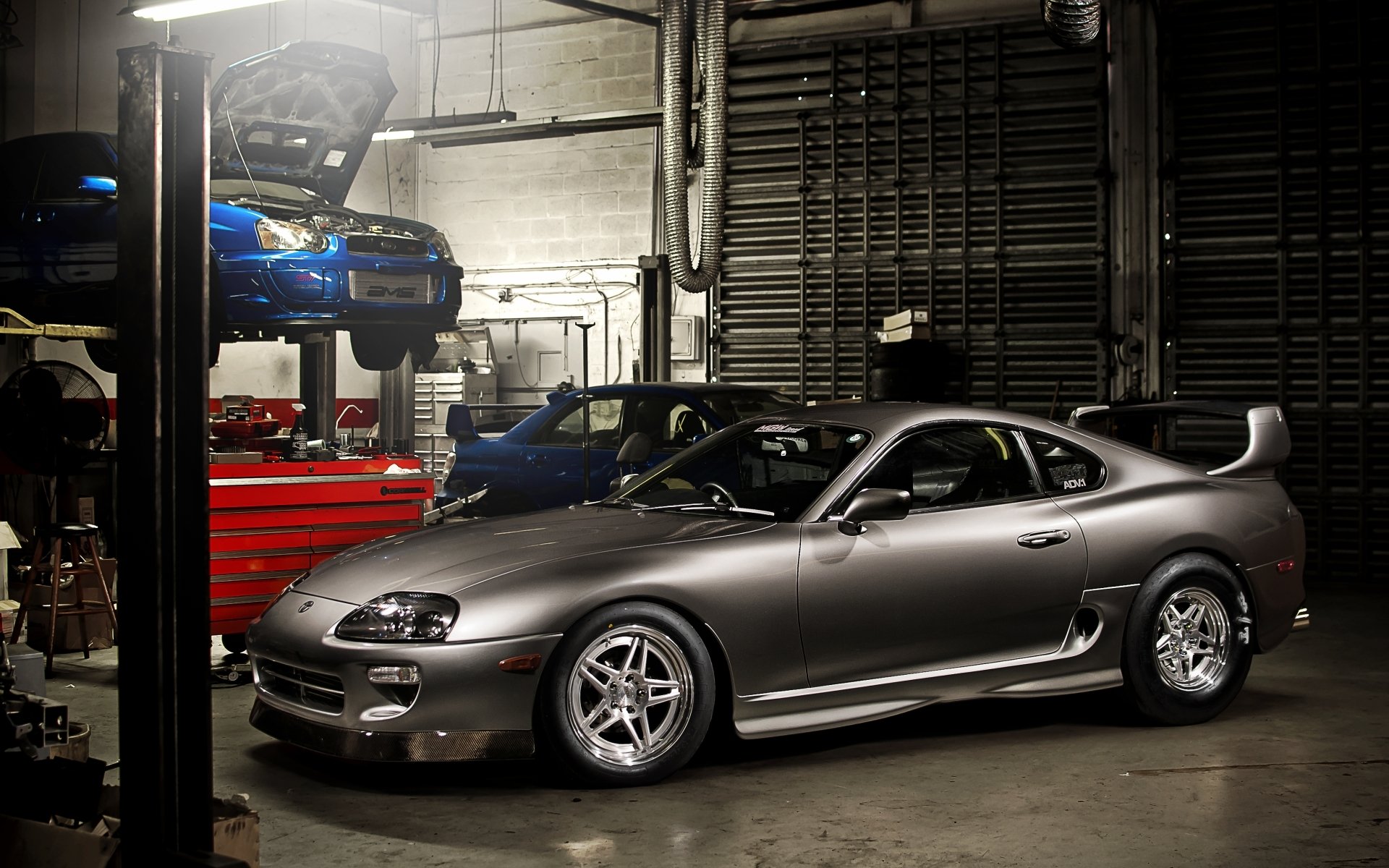 toyota supra sports car grey front subaru impreza wrx sti blue tuning garage