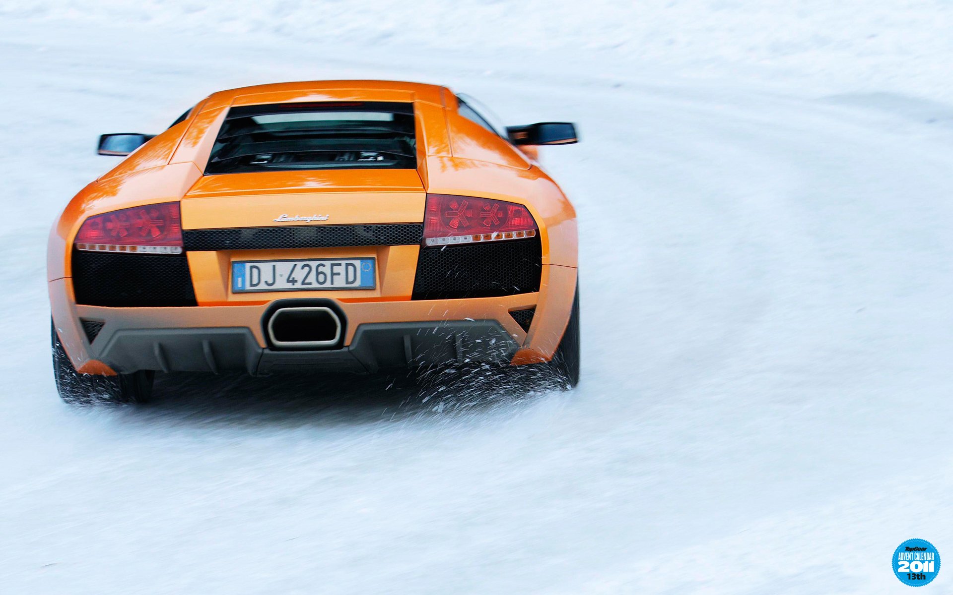 top gear advent calendar 13td the highest gear lamborghini murcielago murselago supercar rear view orange road winter snow