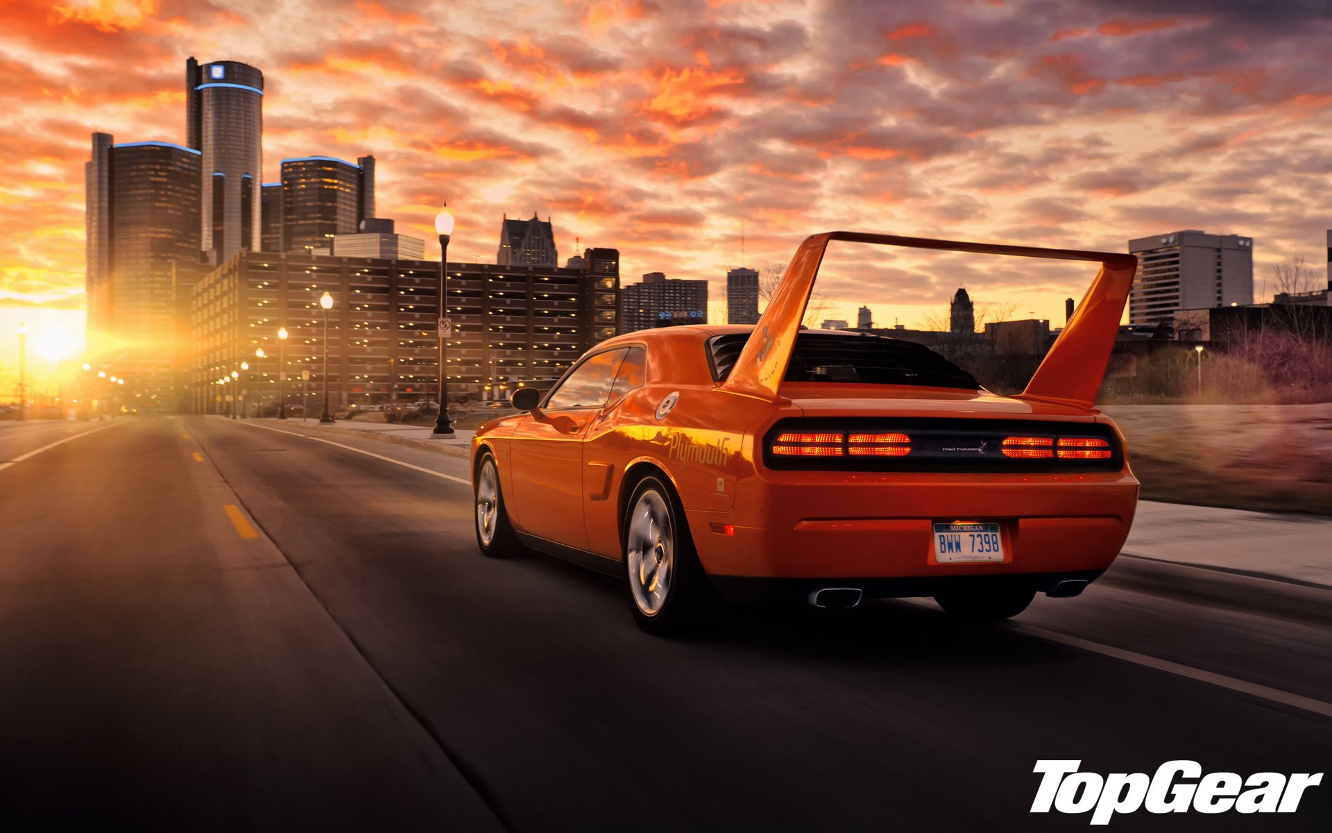 top gear the highest gear the best tv show hpp superbird dodge challenger rear view muscle car orange tuning lamps spoiler wing road town sky sunset