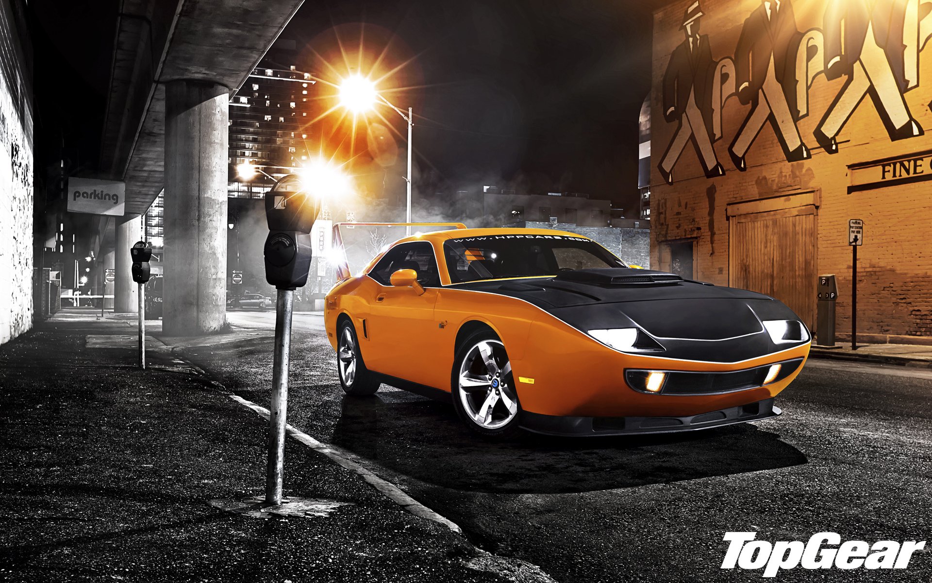 top gear the highest gear the best tv show hpp superbird dodge challenger front muscle car orange tuning night street light