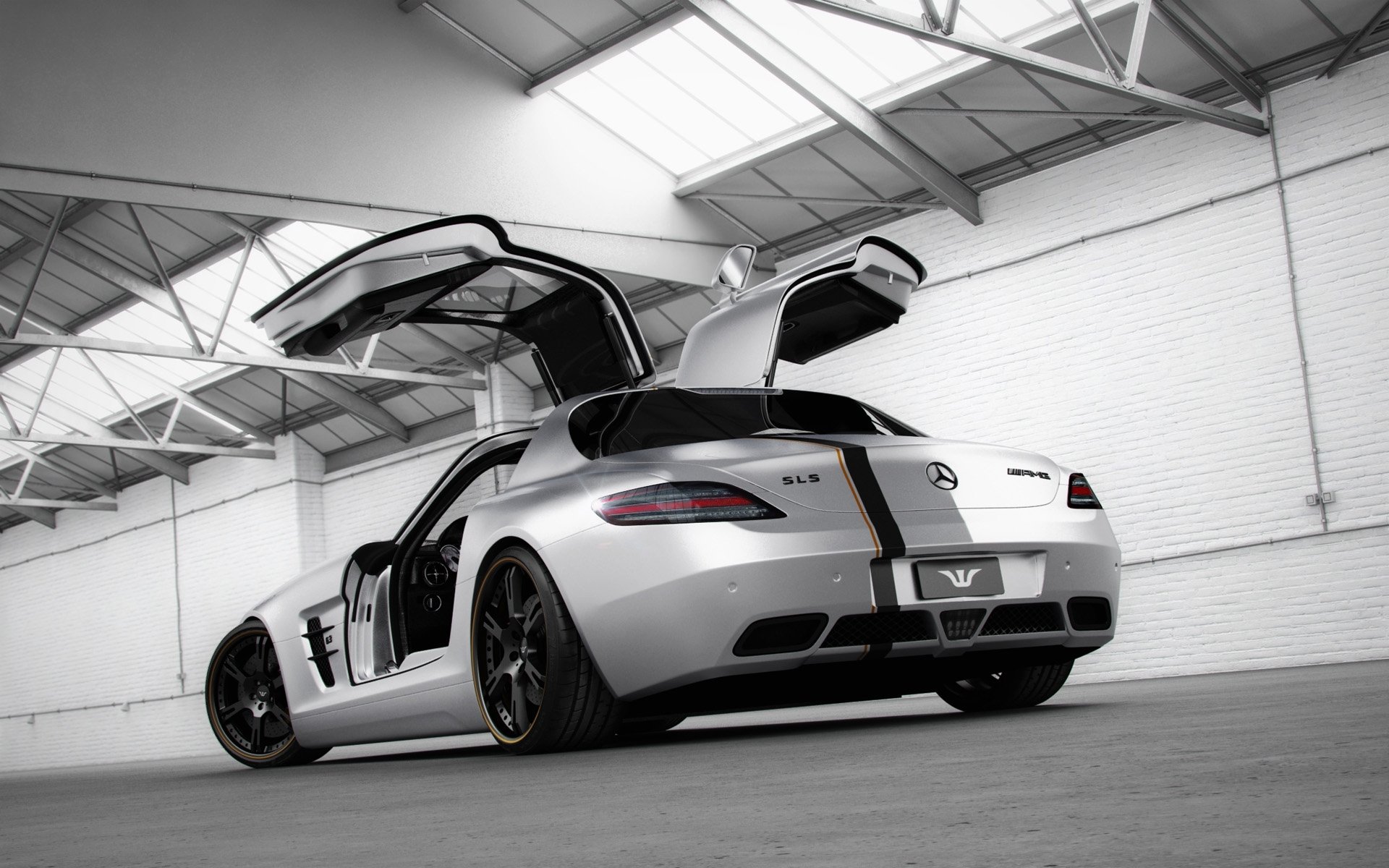 wheelsandmore mercedes-benz sls amg silver wing mercedes supercar silver rear view tuning doors gull-wing hangar
