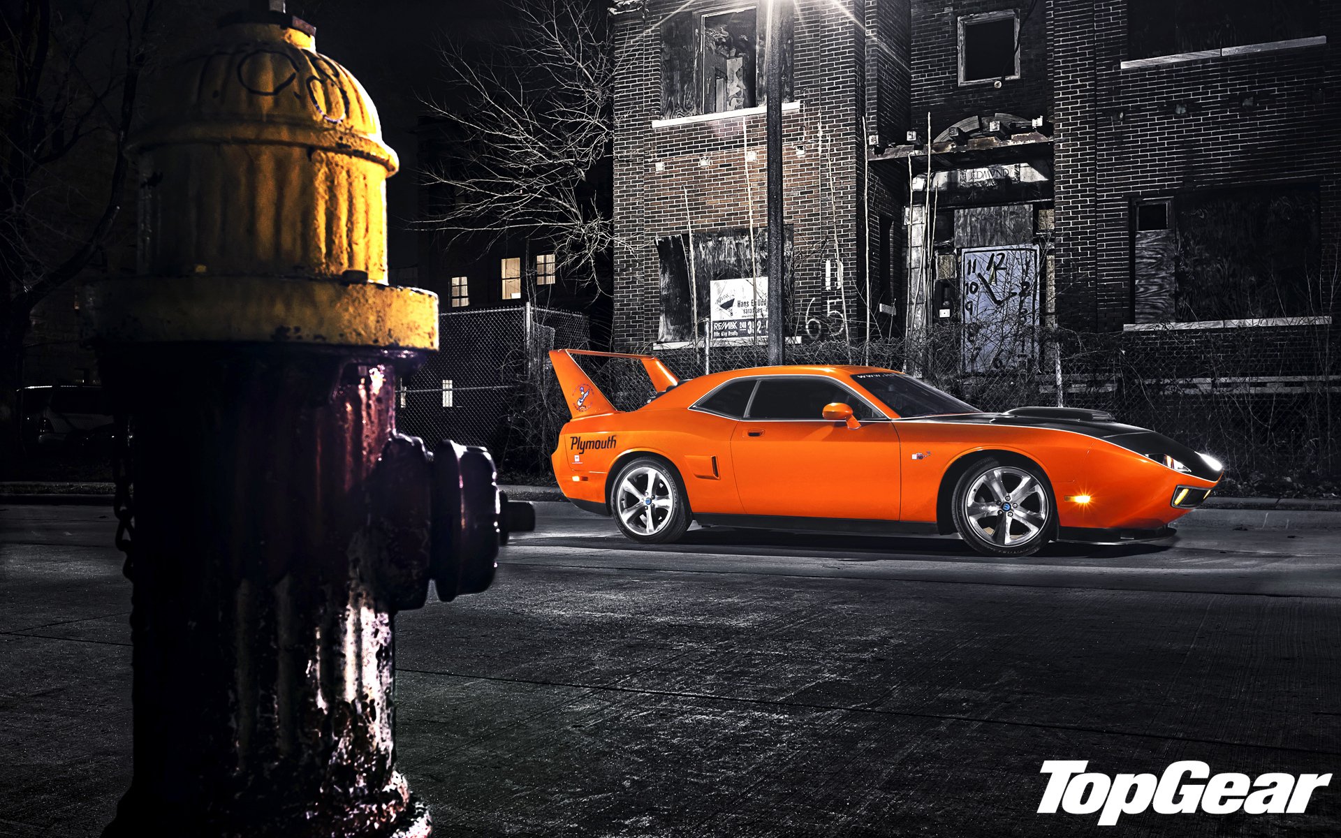 top gear the highest gear the best tv show hpp superbird dodge challenger a side view muscle car orange tuning night street light hydrant