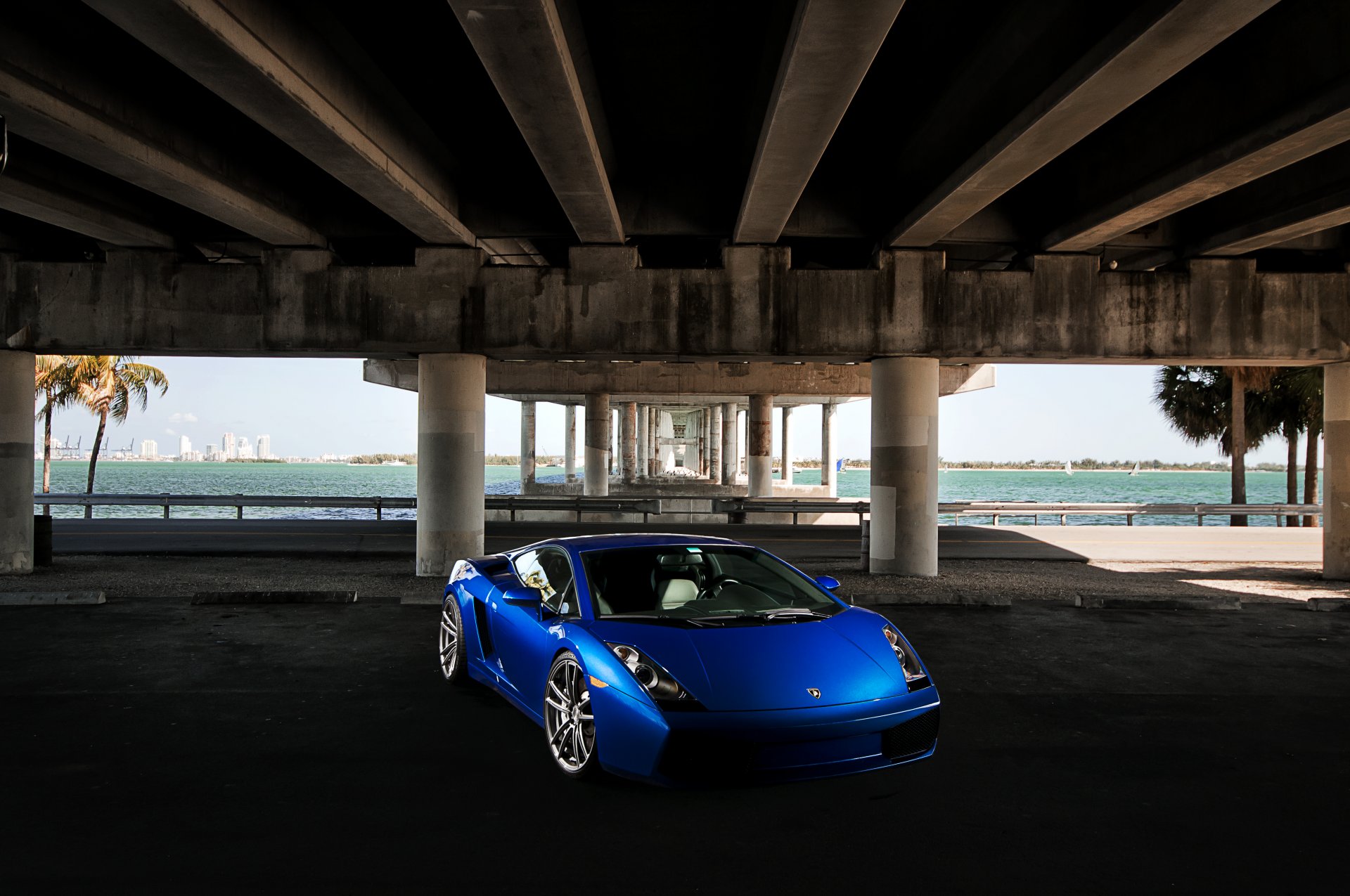 lamborghini gallardo blue front sky bridge concrete support palm