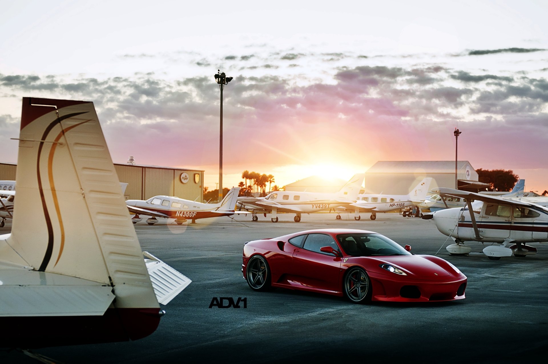 ferrari f430 ferarri supercar front tuning red airport sun sunset