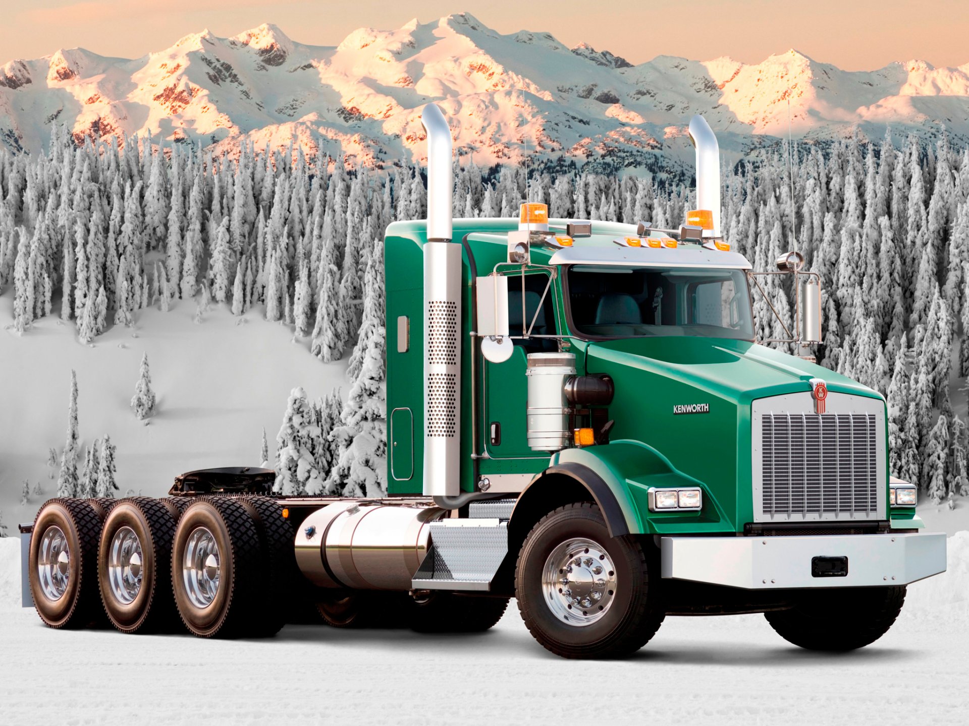 kenworth t800 truck tractor track front snow forest mountain