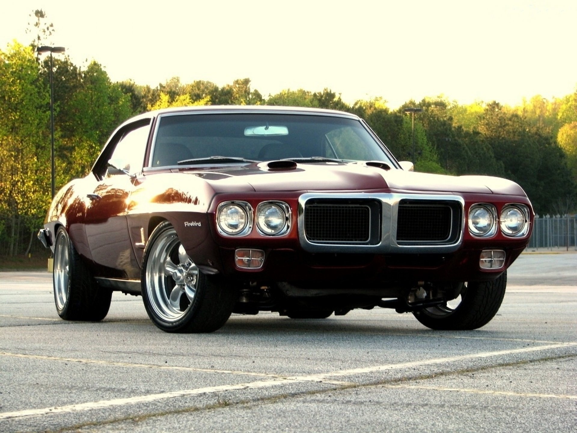 pontiac firebird 1969 dark red muscle car sunset tree
