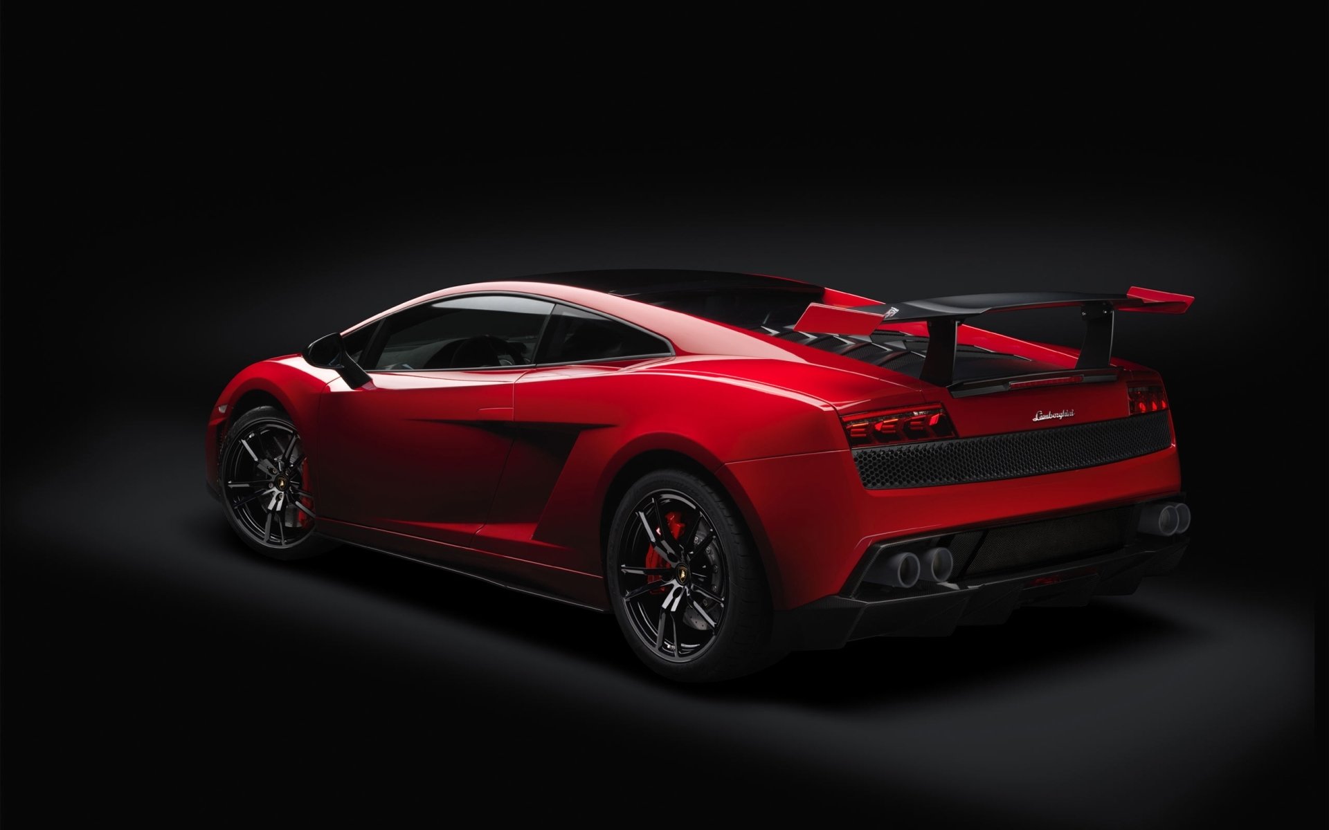 lamborghini gallardo lp570-4 super trofeo stradale supercar rear view red wing spoiler twilight
