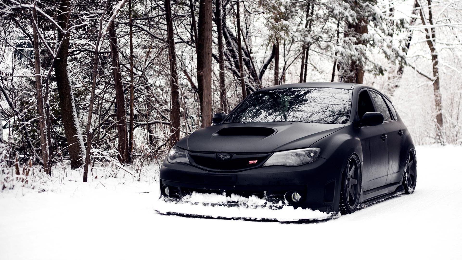 subaru impreza wrx-sti snow winter tuning black car jdm hellaflush vehicles cars wallpapers matte flowers completely machine is forest low suspension wallpaper hetchb
