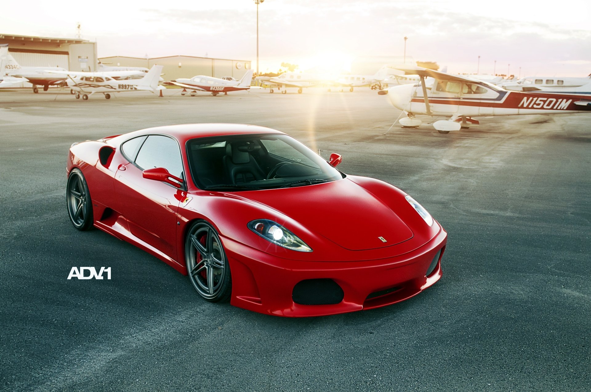 ferrari f430 supercar front tuning red airport sunset adv.1