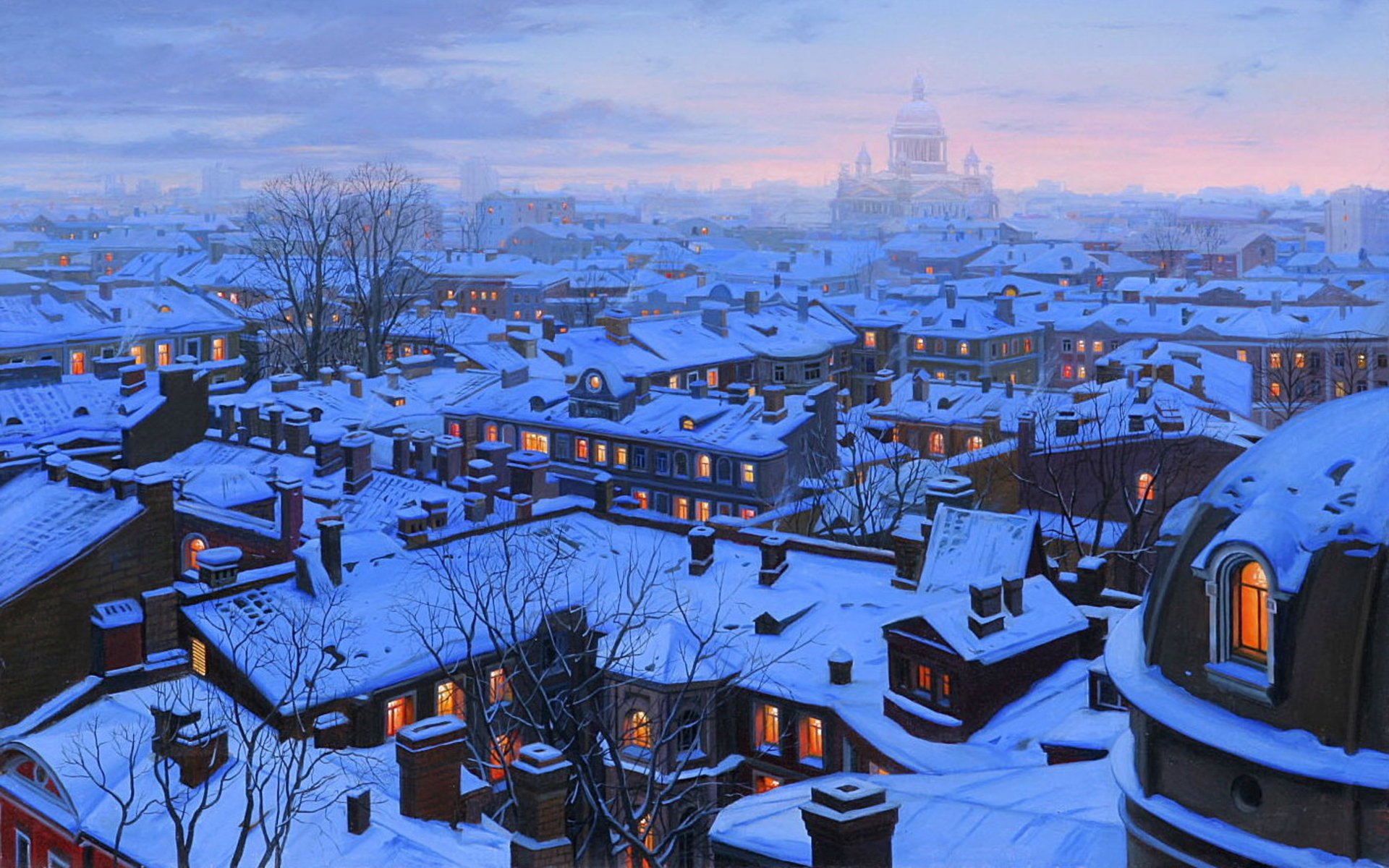 Winter landscape with houses with light in the windows