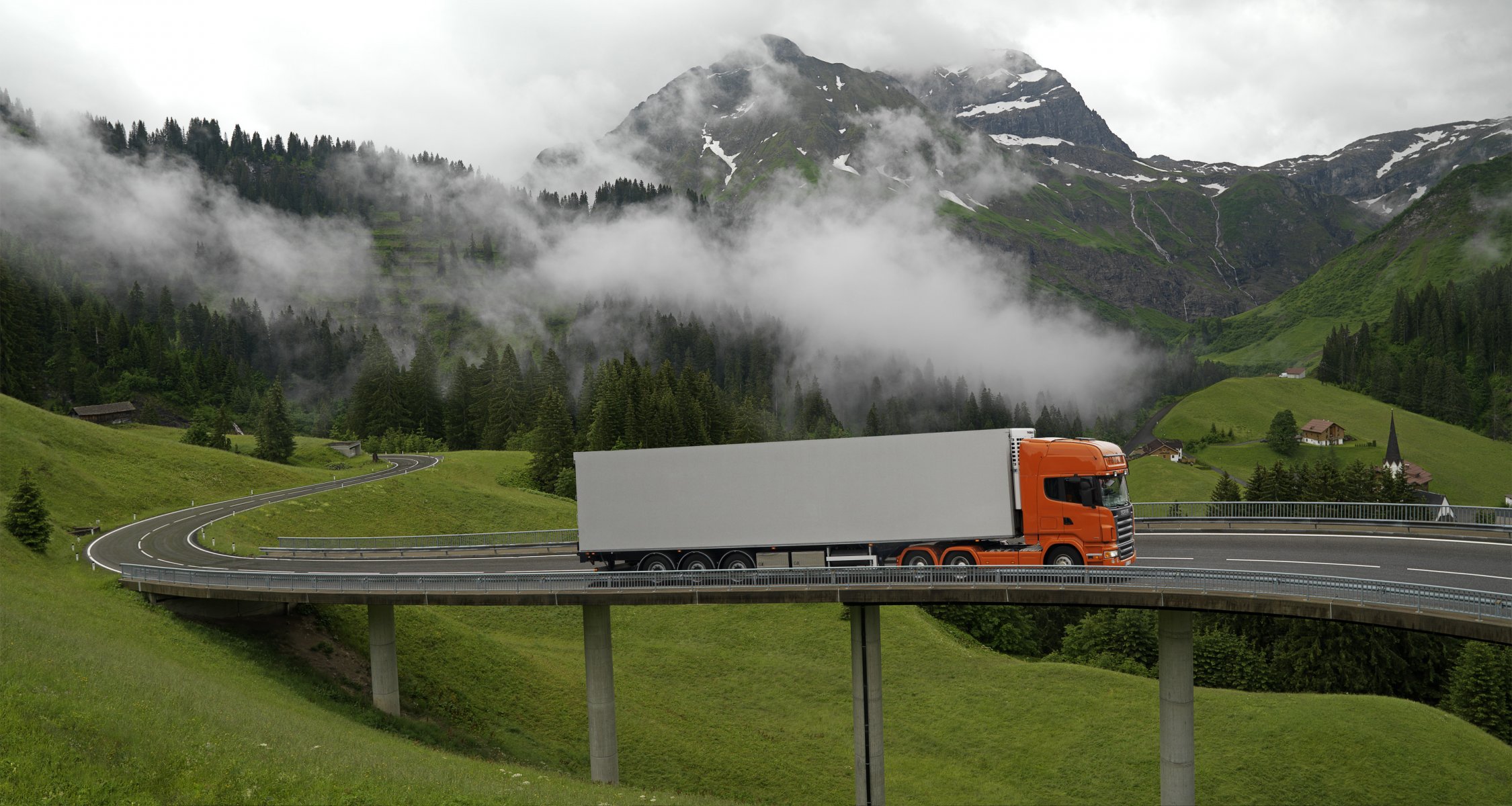 scania r500 topline truck orange tractor semi-trailers refrezherator bridge nature mountain grass clouds