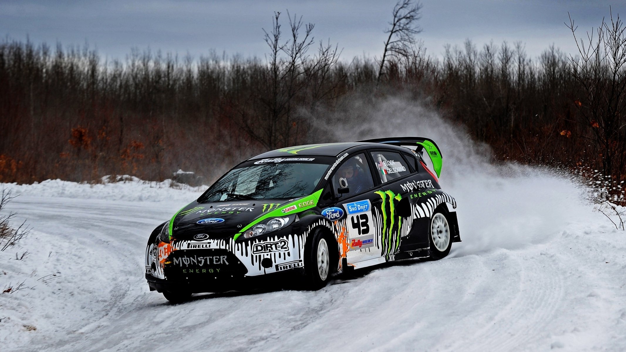 car rally ford fiesta ken block power drift snow winter forest tree