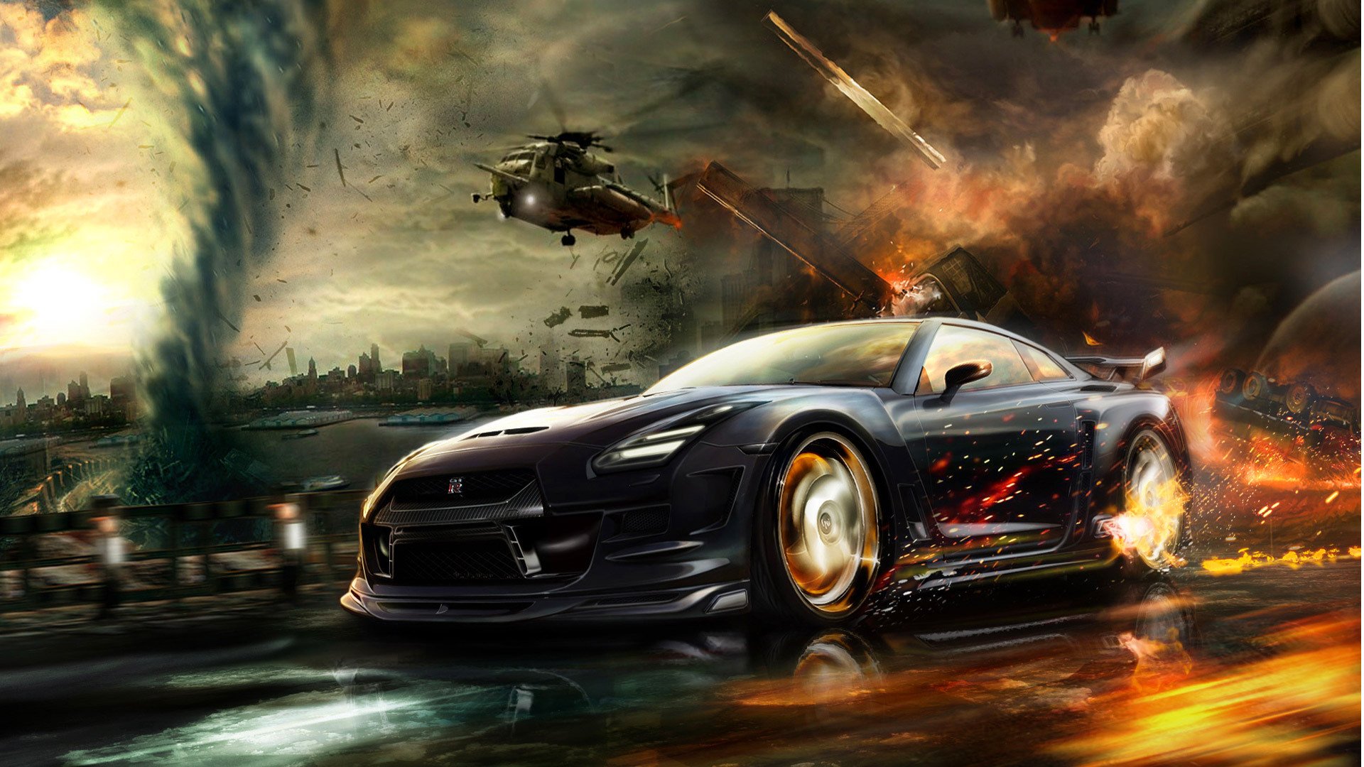 nissan gt-r car speed chase helicopters shelling tornado town fire machine