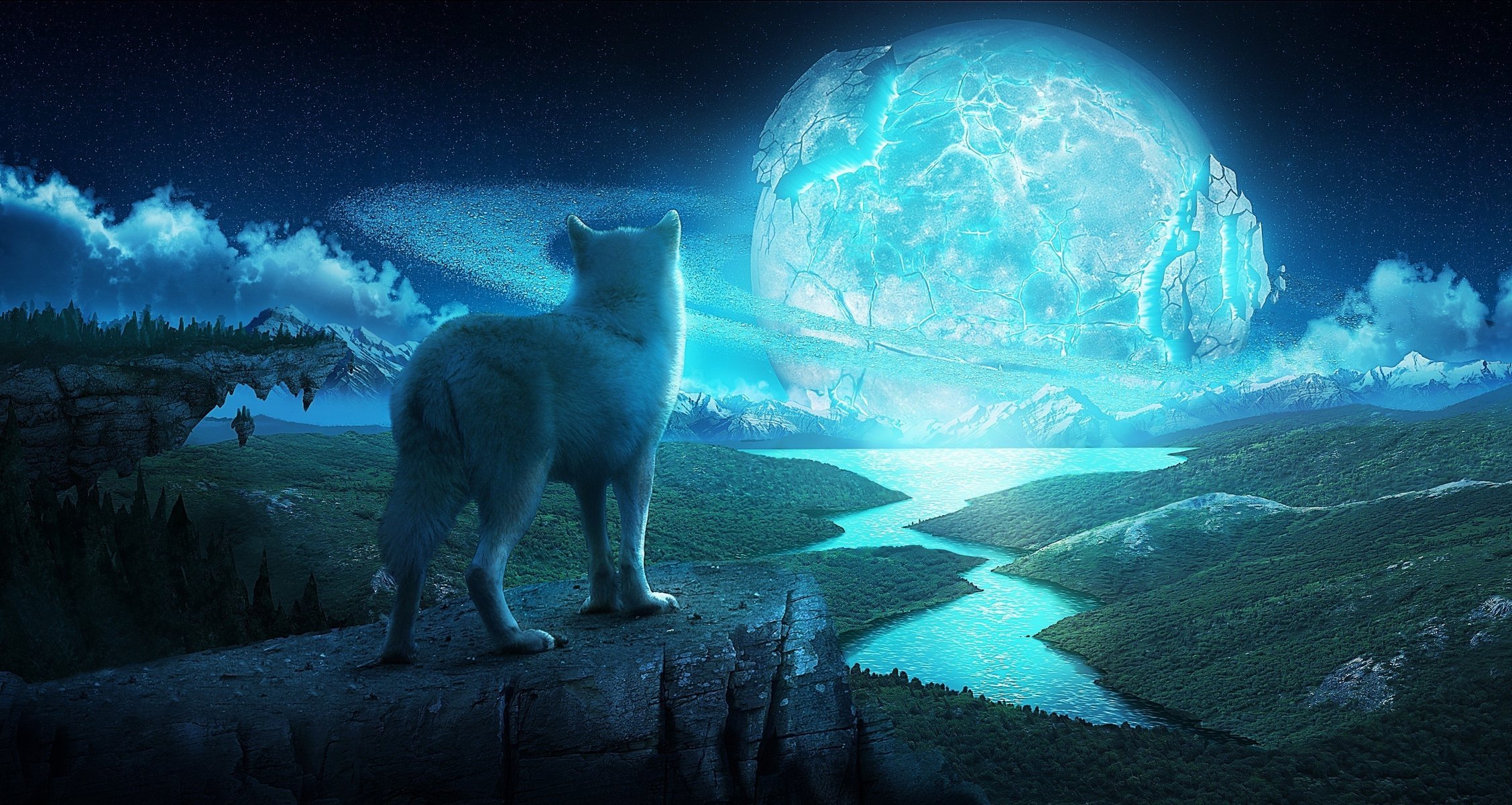 A lone wolf on a rock. The night sky with a collapsing glowing planet reflected in the river