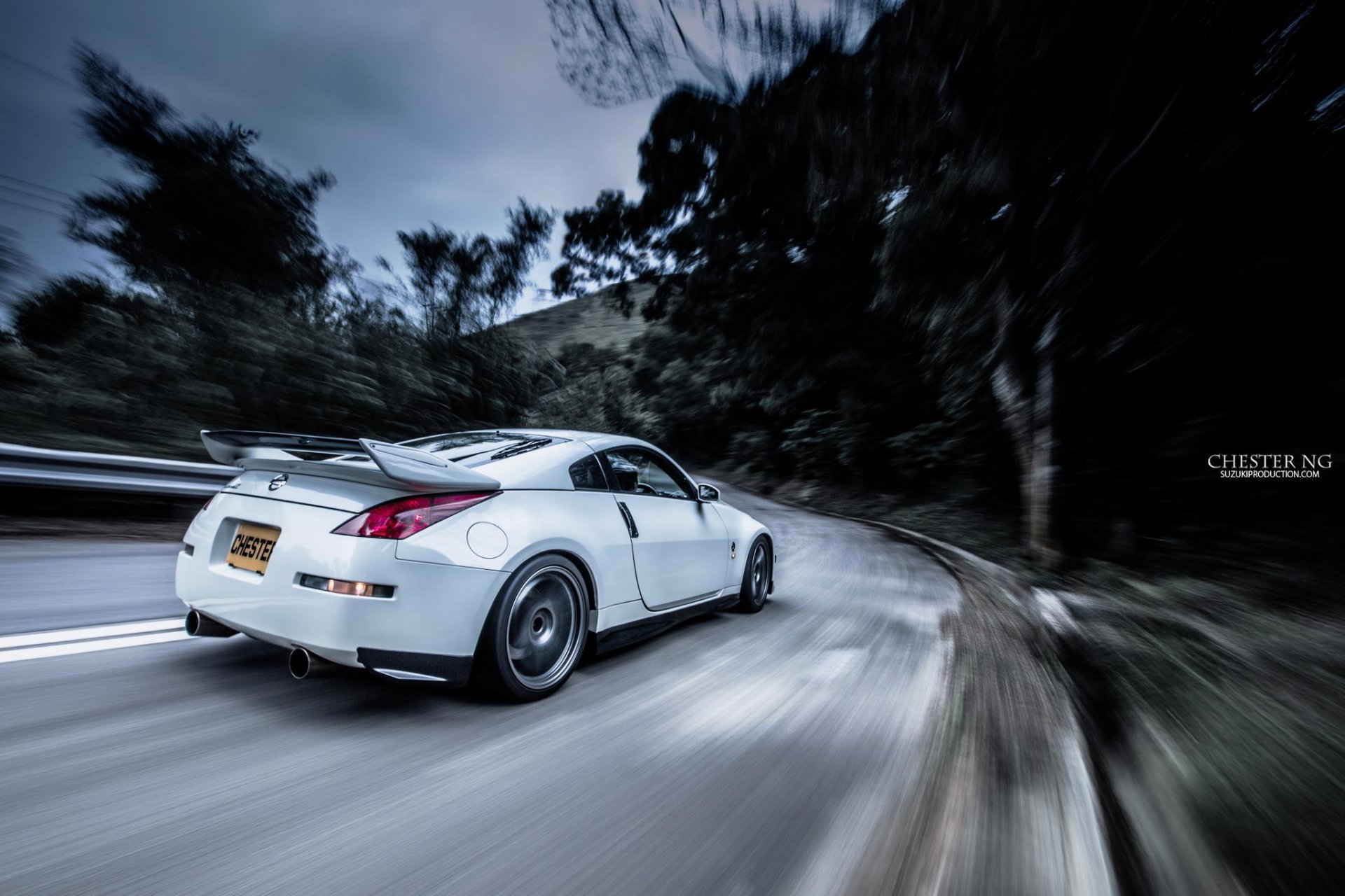 nissan 350z spoiler tuning white car speed road forest chester ng