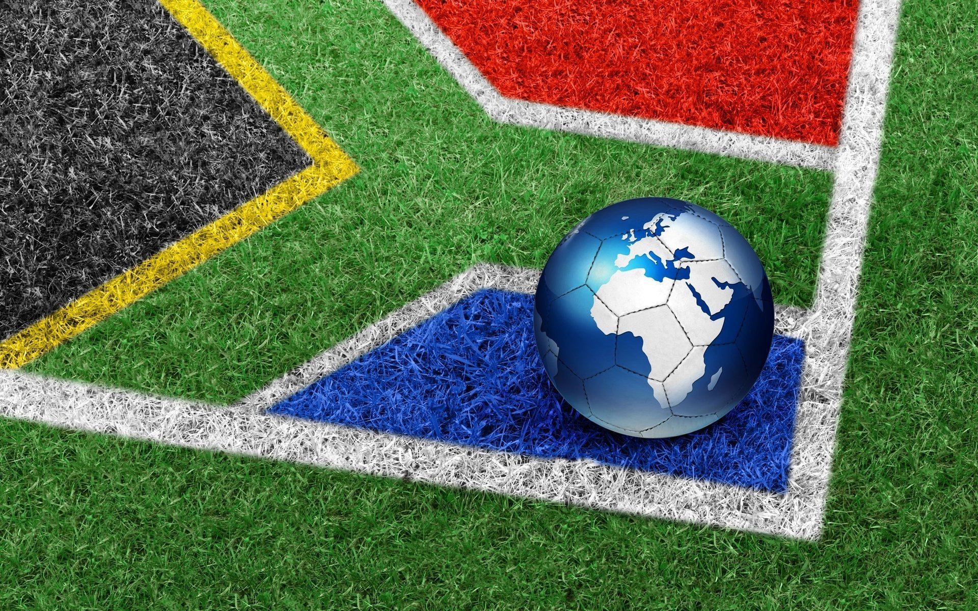 Football match in the form of planet earth on the background of the flag of South Africa