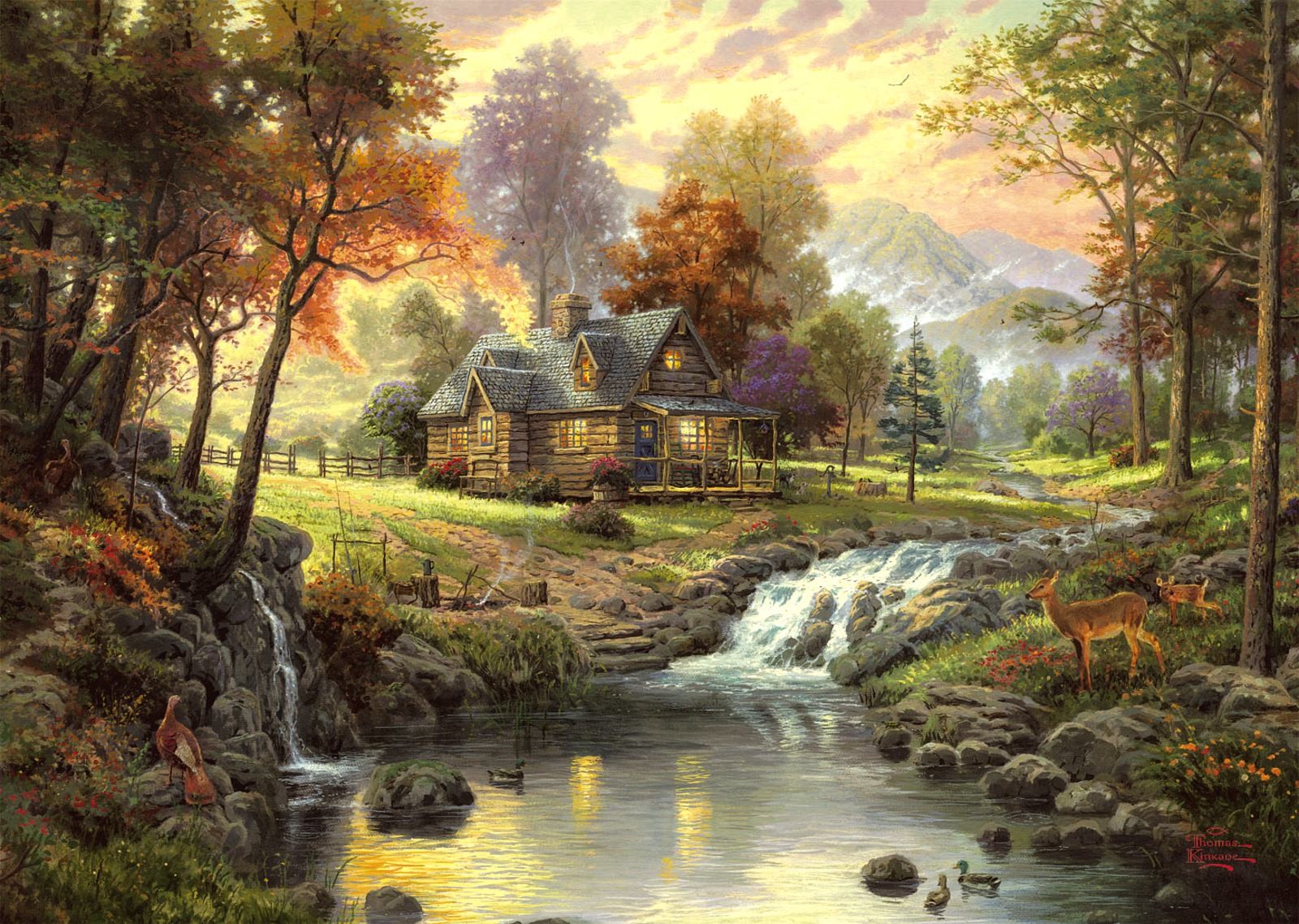 thomas kinkade mountain retreat night river house reindeer forest silence mountain fire pictures