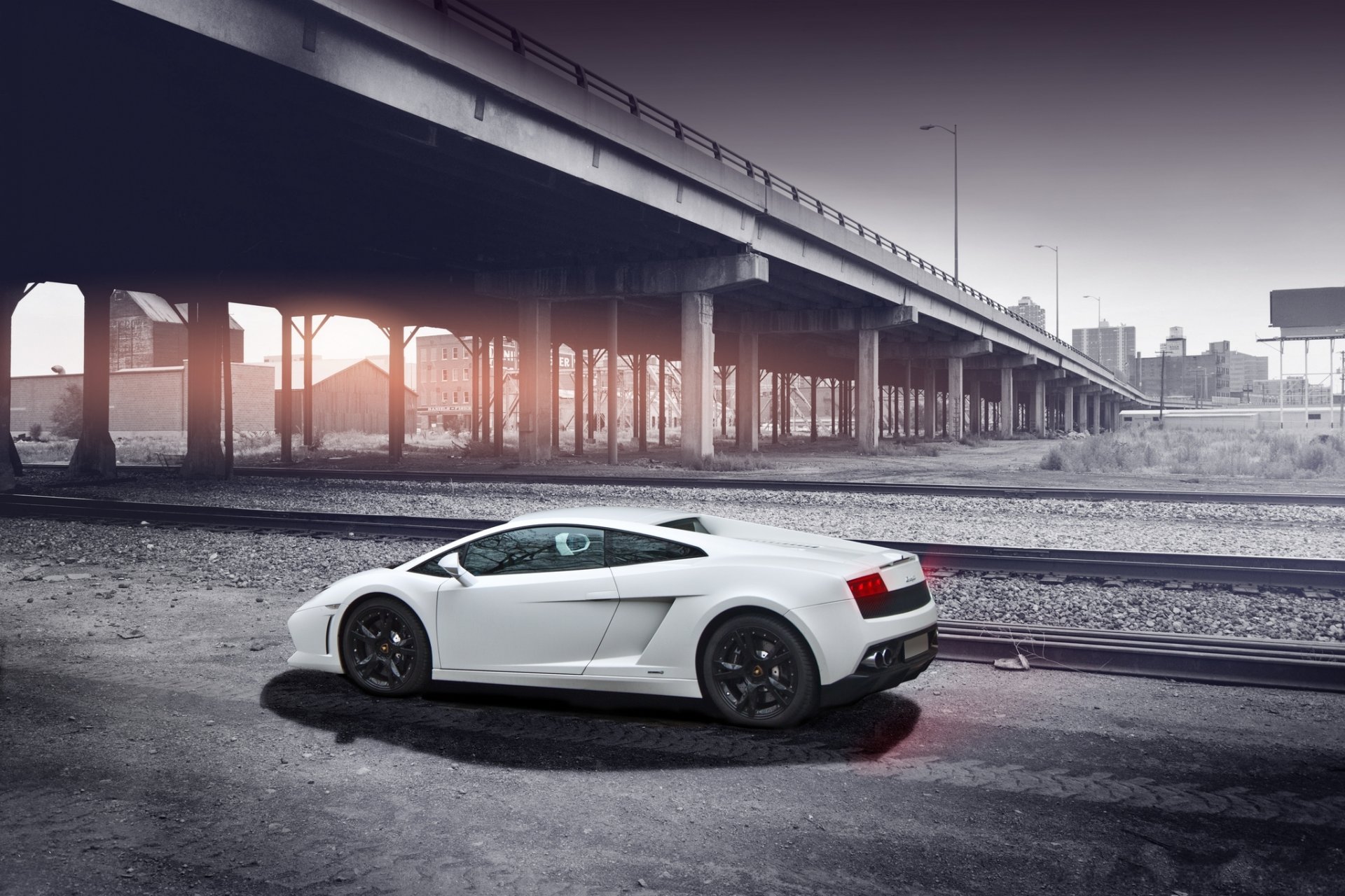 lamborghini gallardo lp560-4 white bridge a side view road shadow sky