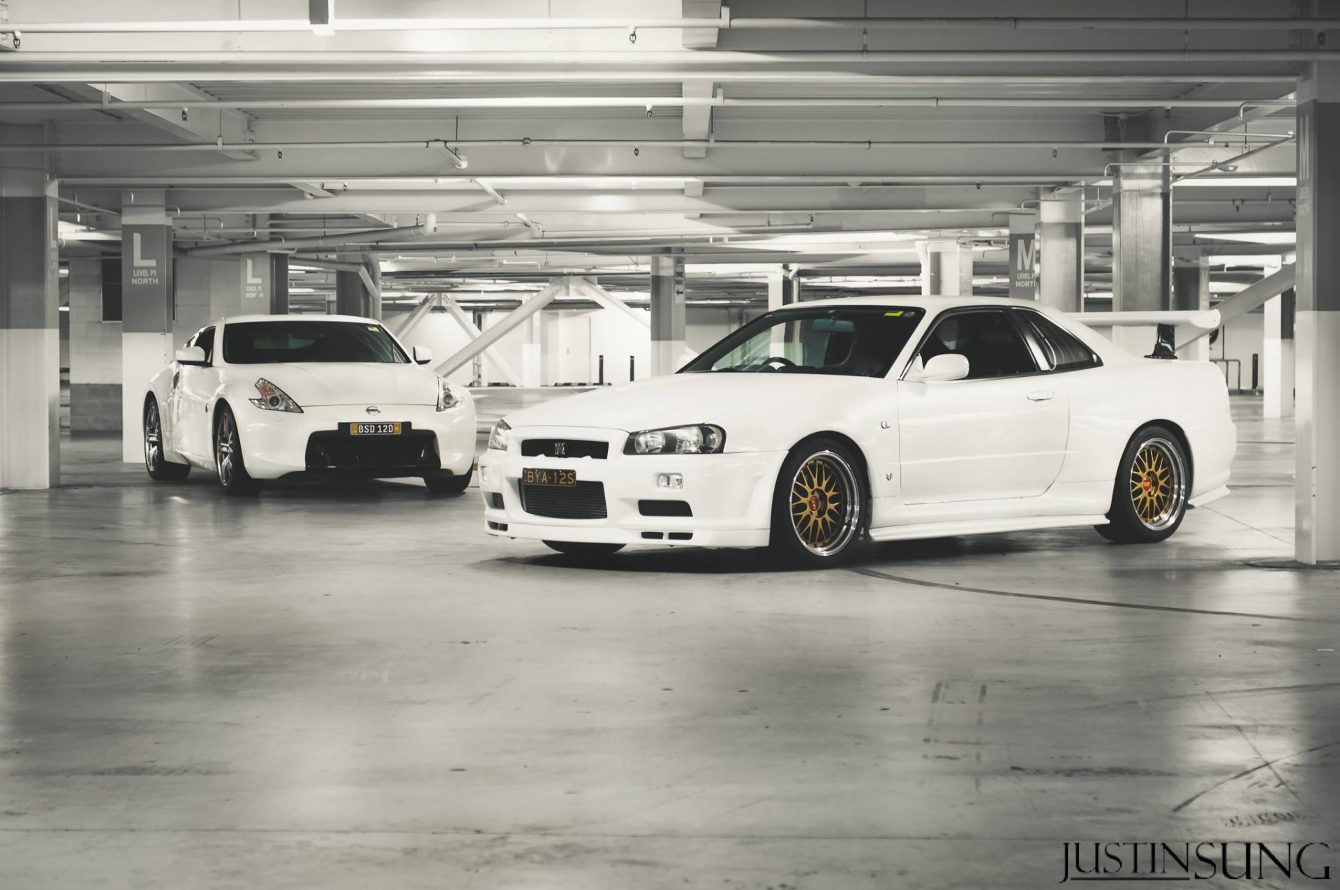 nissan skyline 370z gtr gt-r r34 sky white car white wheels bbs bbs parking underground parking justin sung
