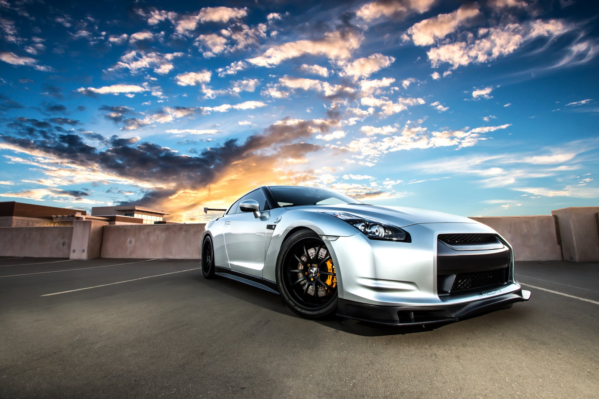 nissan gt-r r35 silvery gt -r silver roof sky clouds sunset