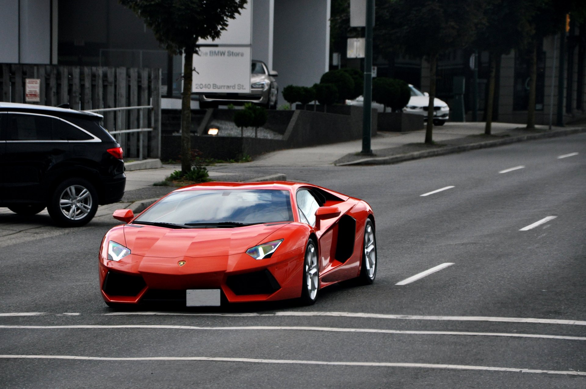lamborghini aventador lp700-4 orange headlights road counting street tree cars