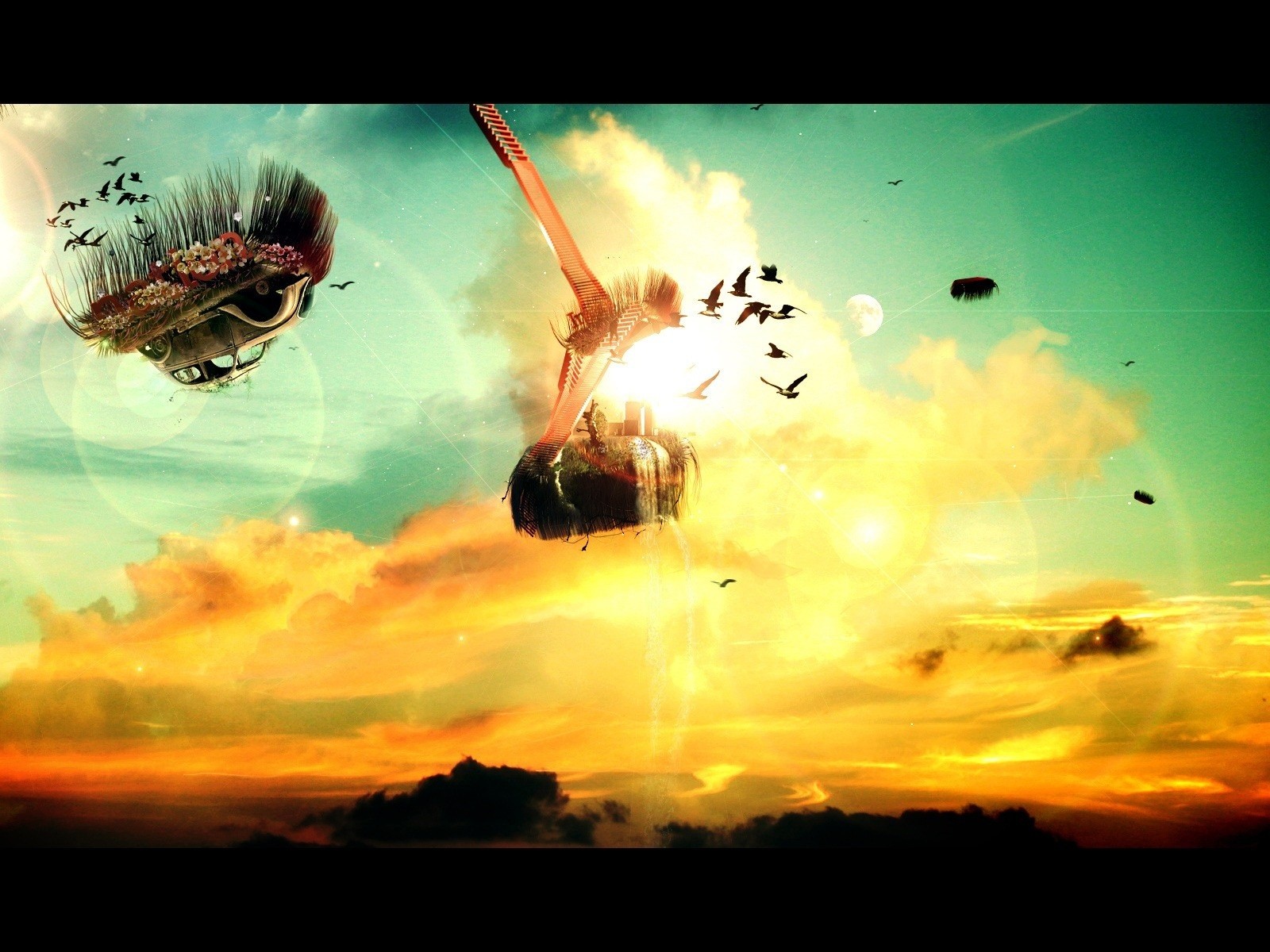 sci-fi flight appearance sunset reflections bright