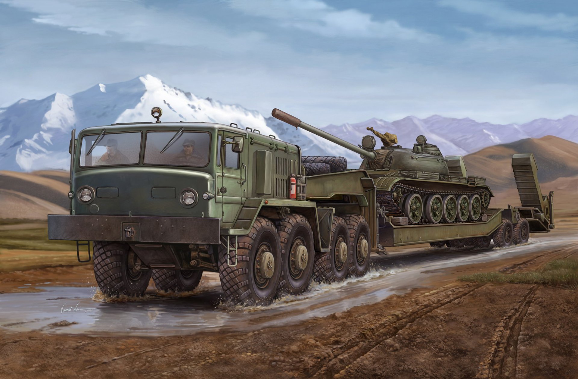 art transporter tractor maz- 537 military a four truck to car is set 12- cylinder diesel engine d- 12a - 525a is transportation goods tank trailers t-55 russia vincent wai.