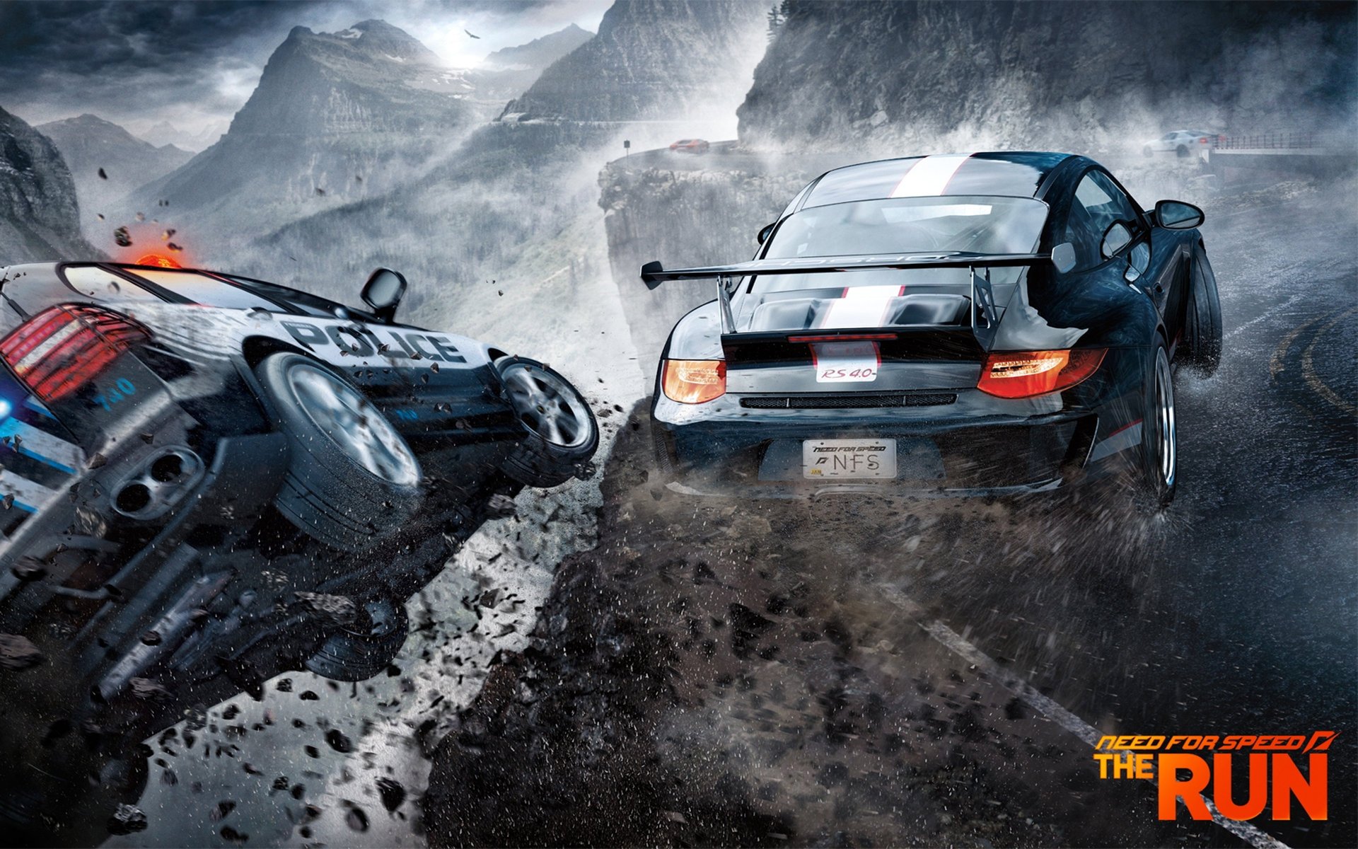 A racer's car and a police car falling from a height into the abyss