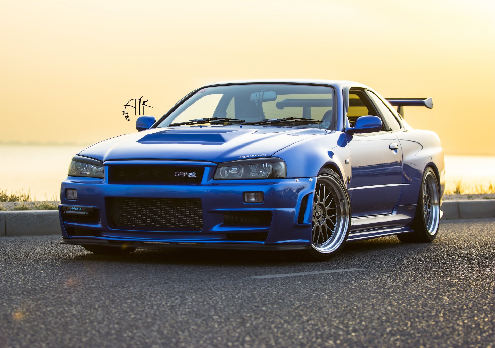 nissan skyline sky gtr r34 v spec 2 v spec blue car nismo nurburgring mugen bbs light bumper sunset road