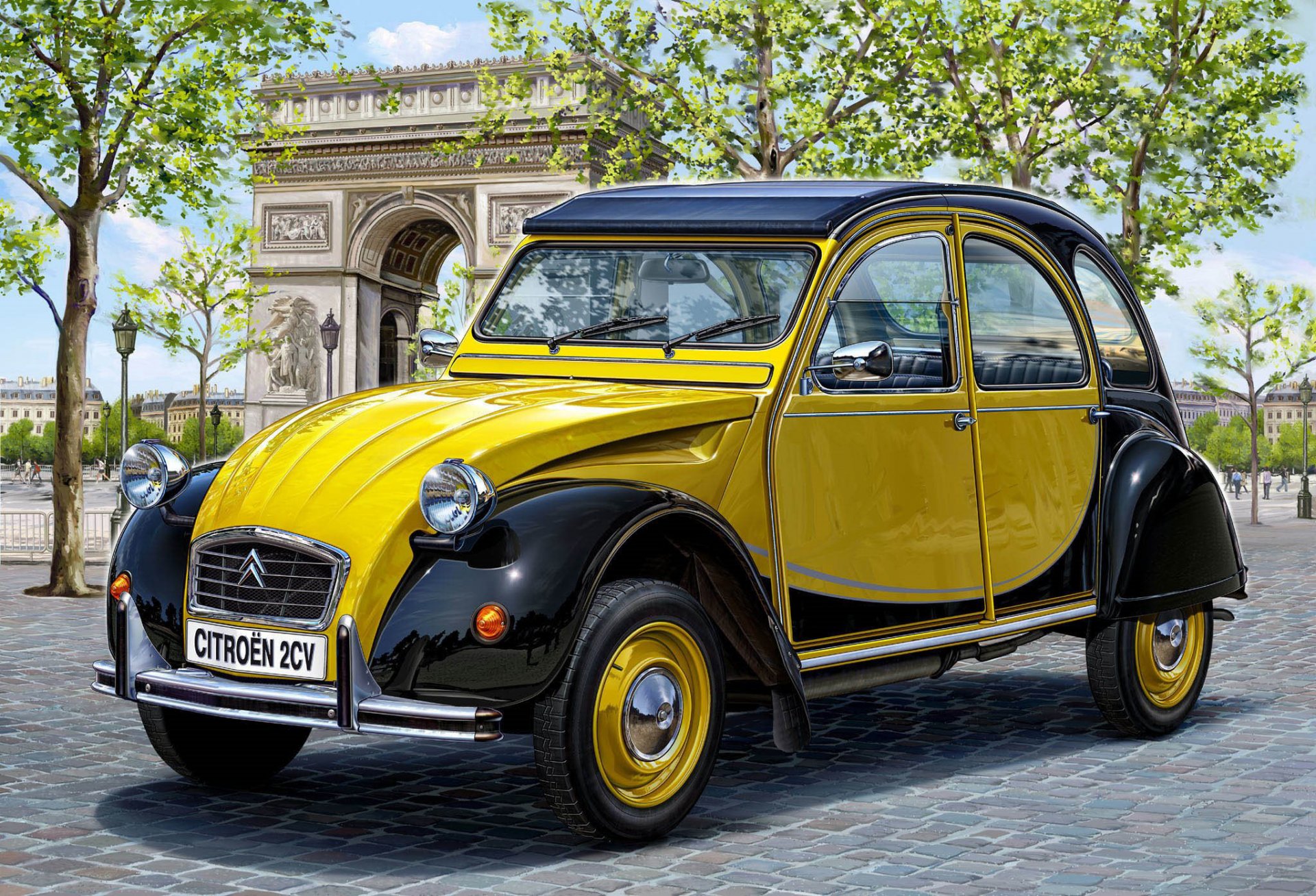 art citroen 2cv subcompact vehicles deux chevaux vapeurs to france means two horse max speed 60 km - h . upgraded 105 km - h . transmission manual 4-speed synchronized one from very famous