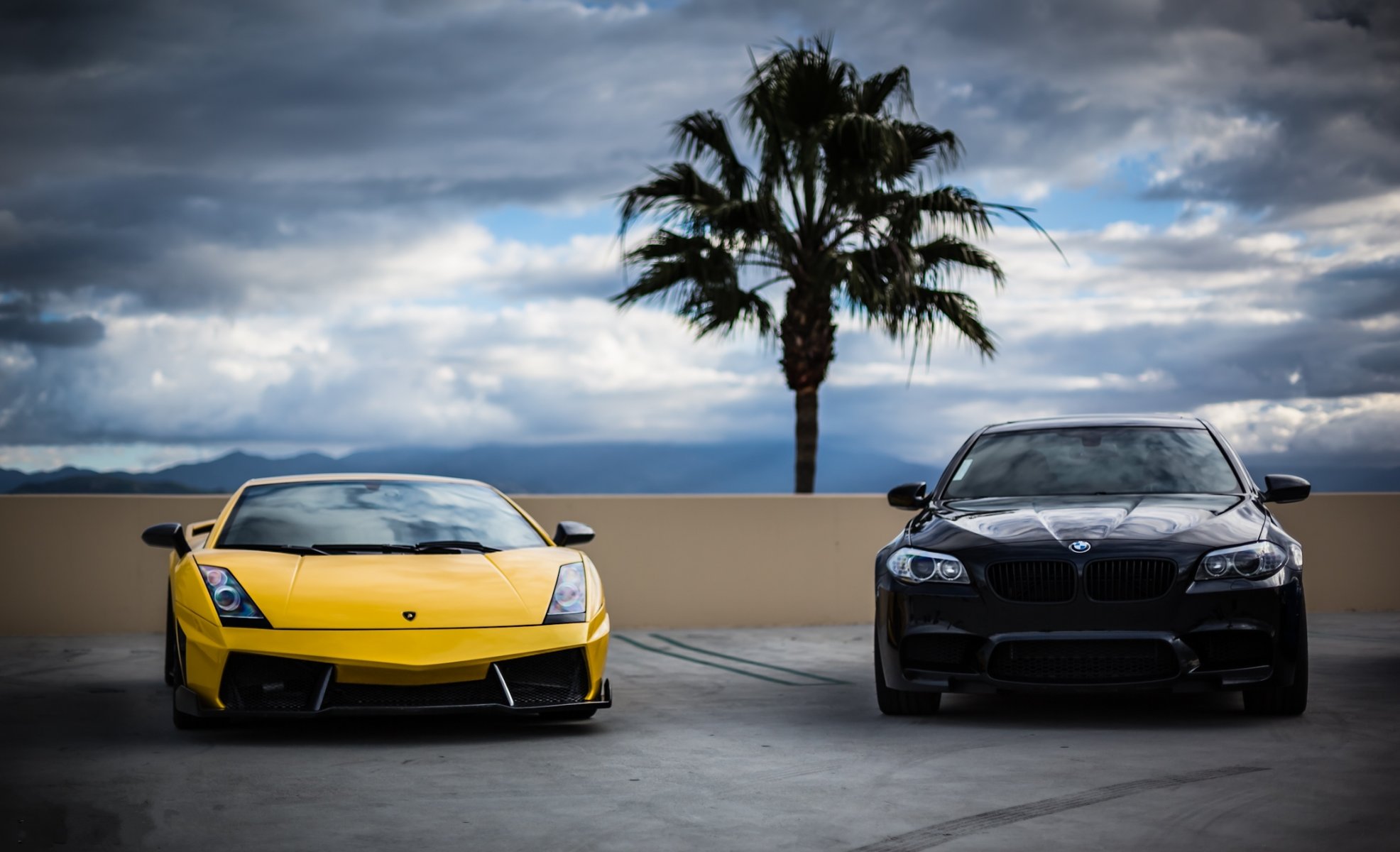 lamborghini gallardo lp570-4 superleggera yellow bmw m5 f10 black gaillardot view palma sky clouds