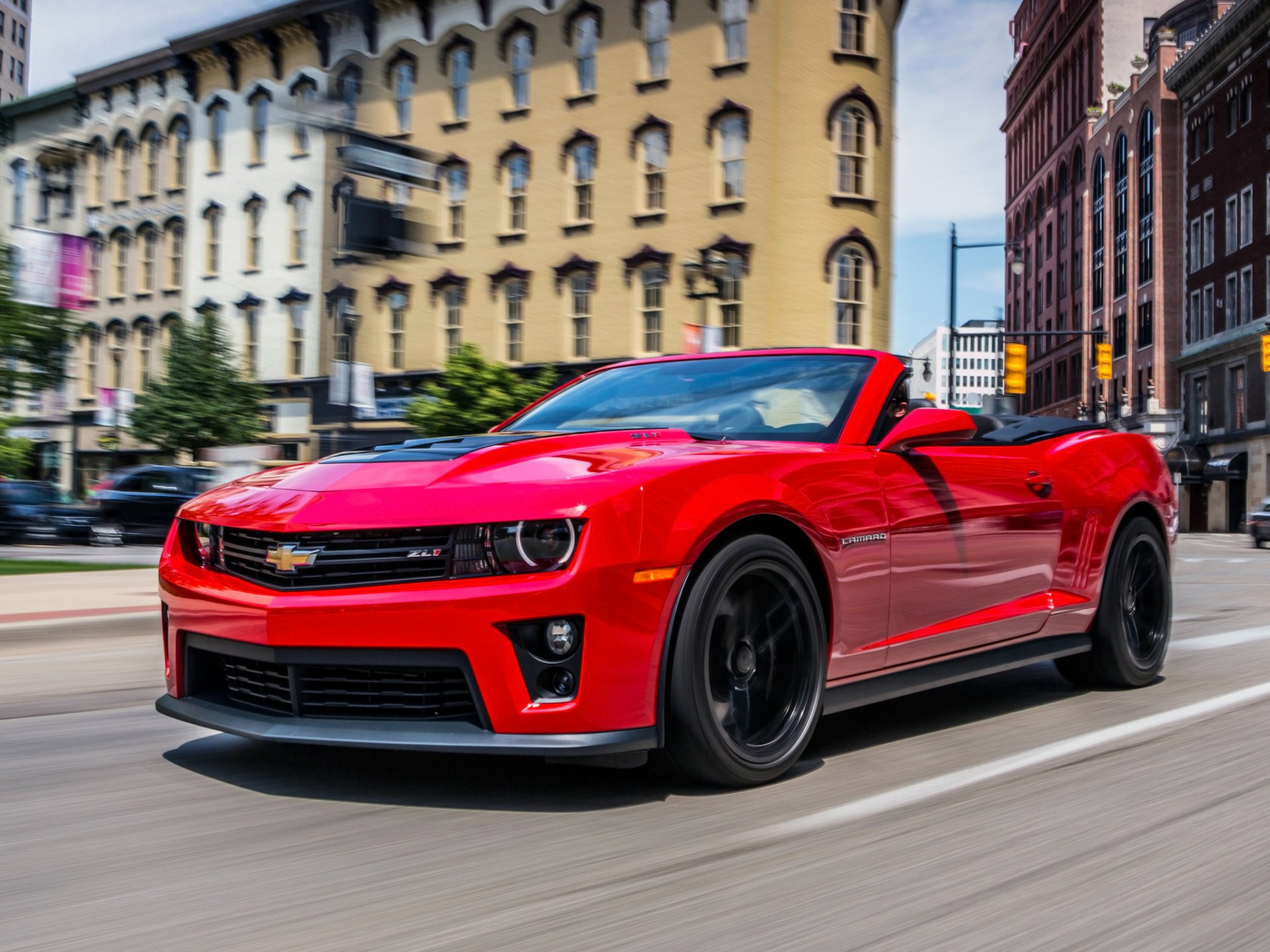 chevrolet camaro zl1 convertible vehicles machine red motion road town buildings cars city