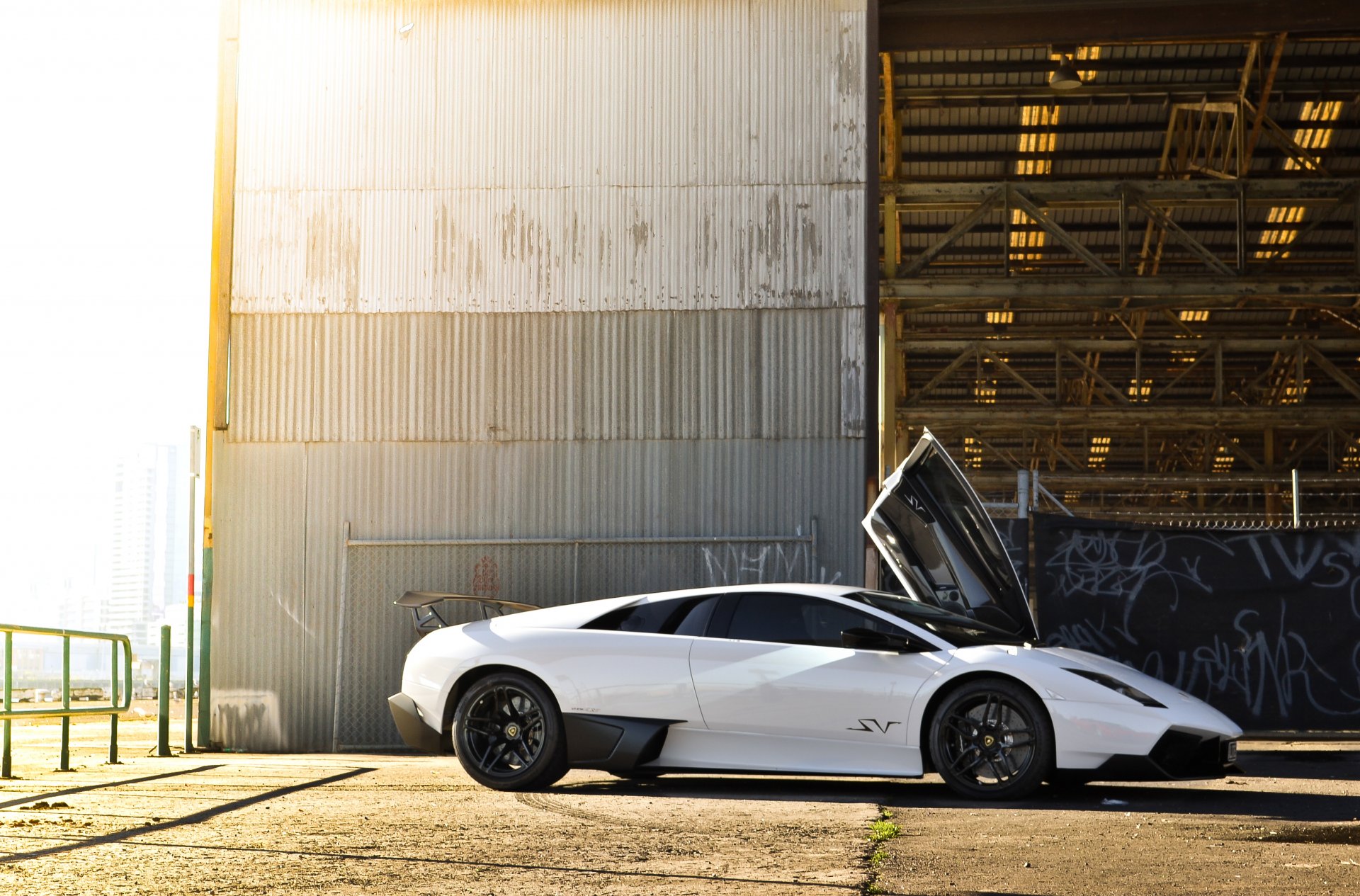 lamborghini murcielago lp670-4 sv white murselago section building wall fencing shadow open door