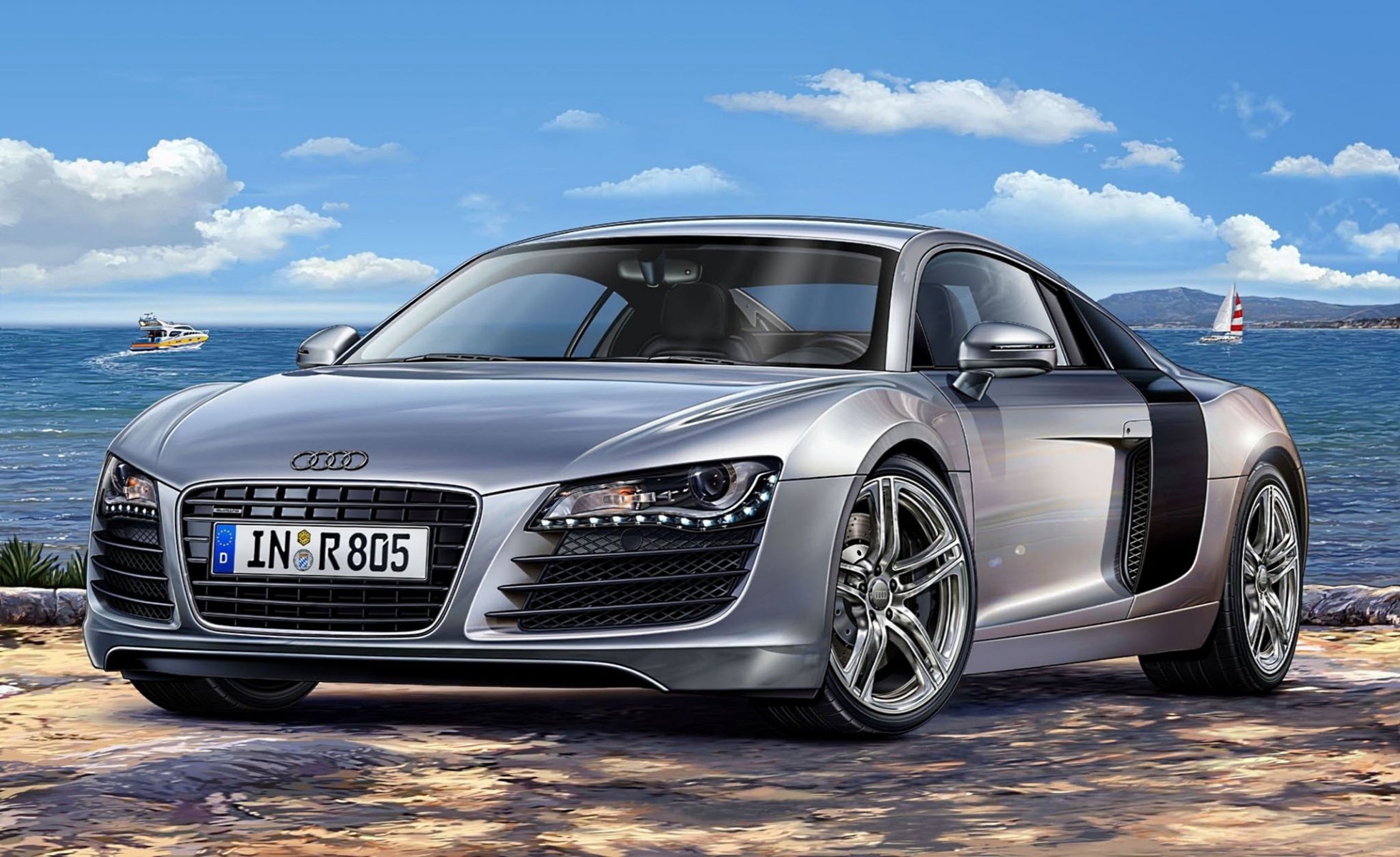 art audi r8 er8 sports silver a mid all-wheel drive supercar manufactured by german automobile manufacturers to 2007 . produces maximum power equal to horse force allows car accelerate 100 km - h for