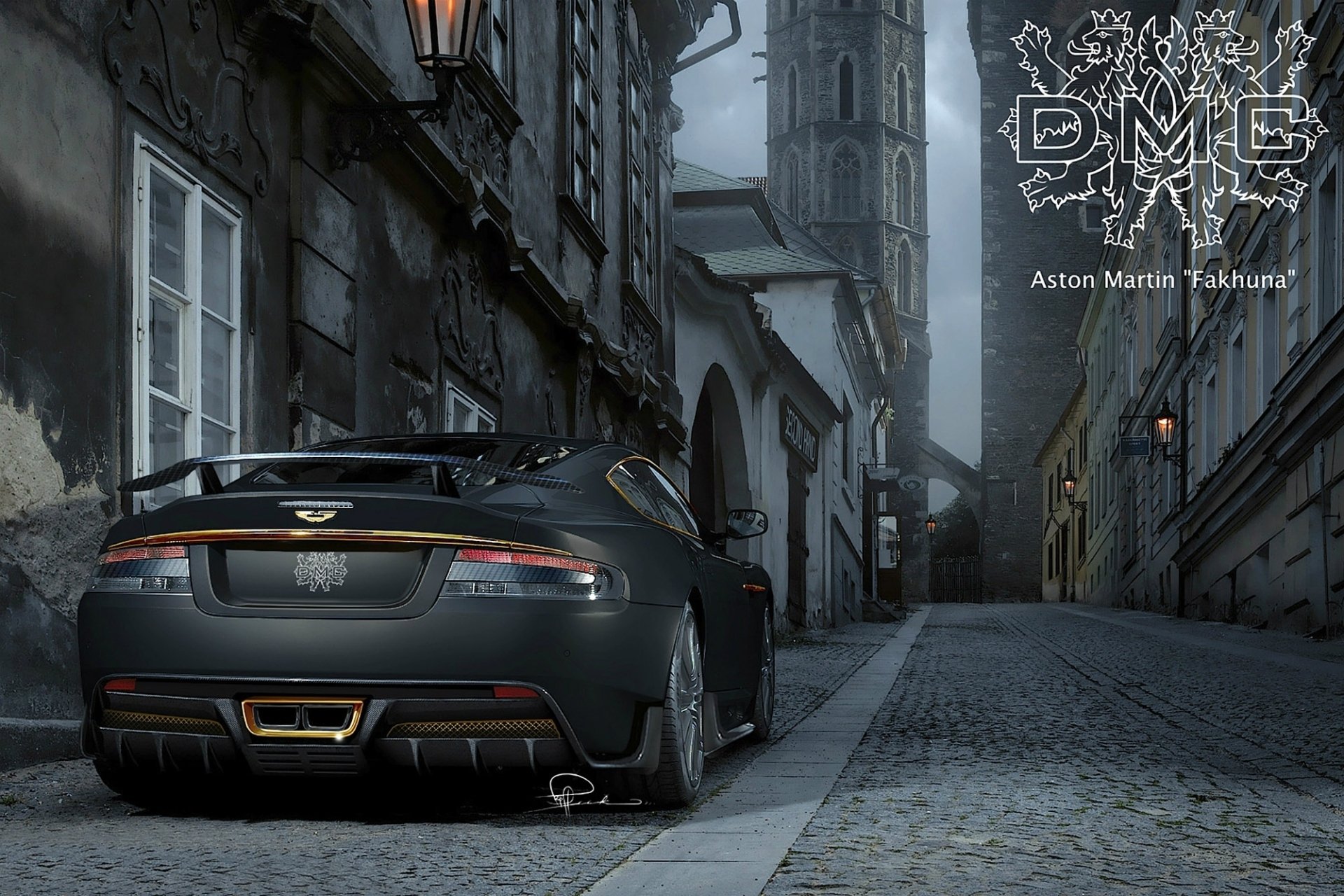 dmc aston martin dbs fakhuna lbs supercar rear view tuning street paving coat of arms inscription