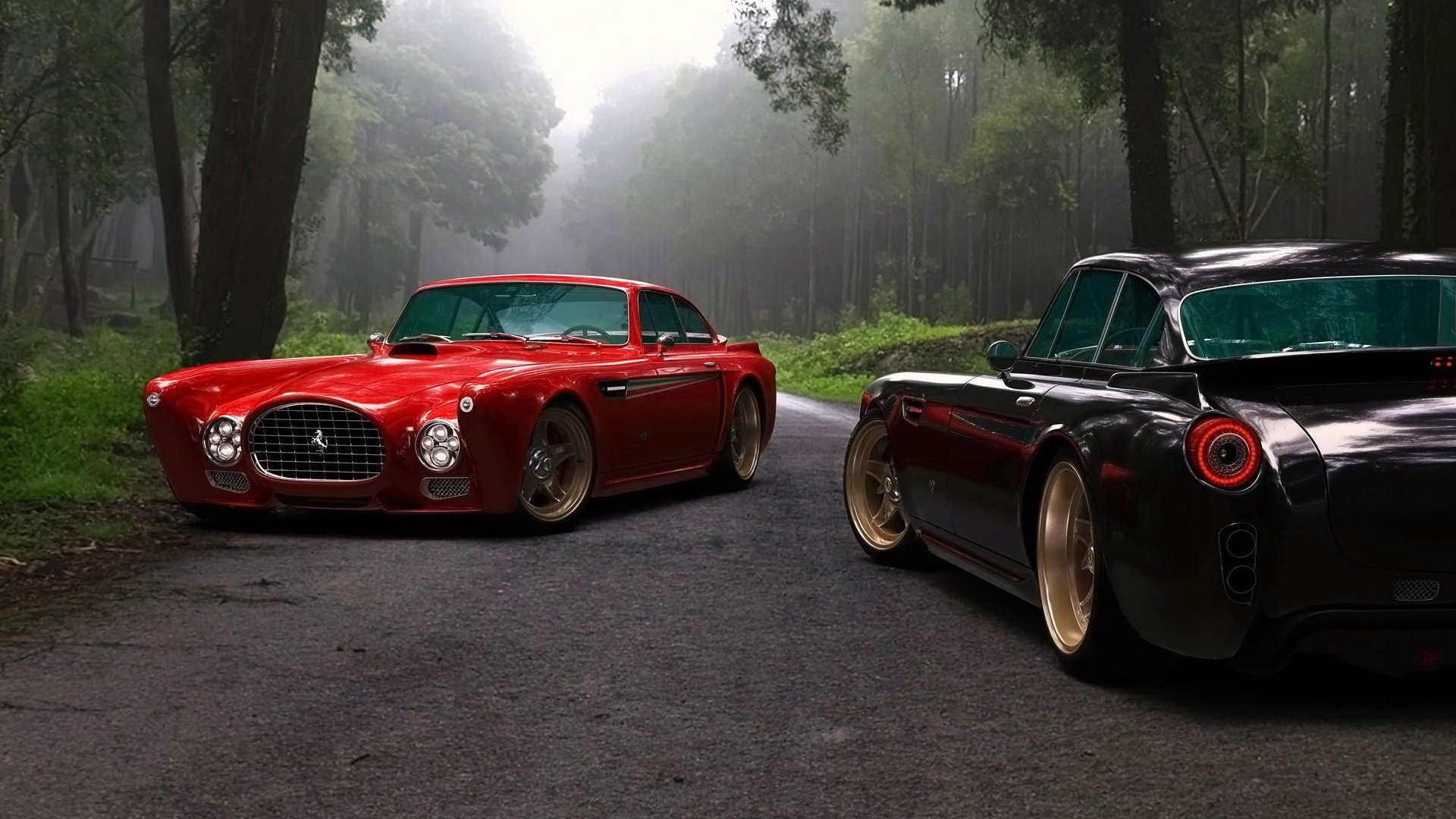 Two Ferrari f-340 gullwing america on a forest road