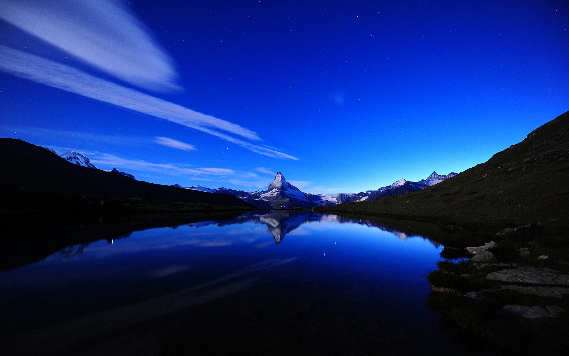 landscape mountain sky clouds heaven tops rock beach stones water river lake reflection of reflected view mountains