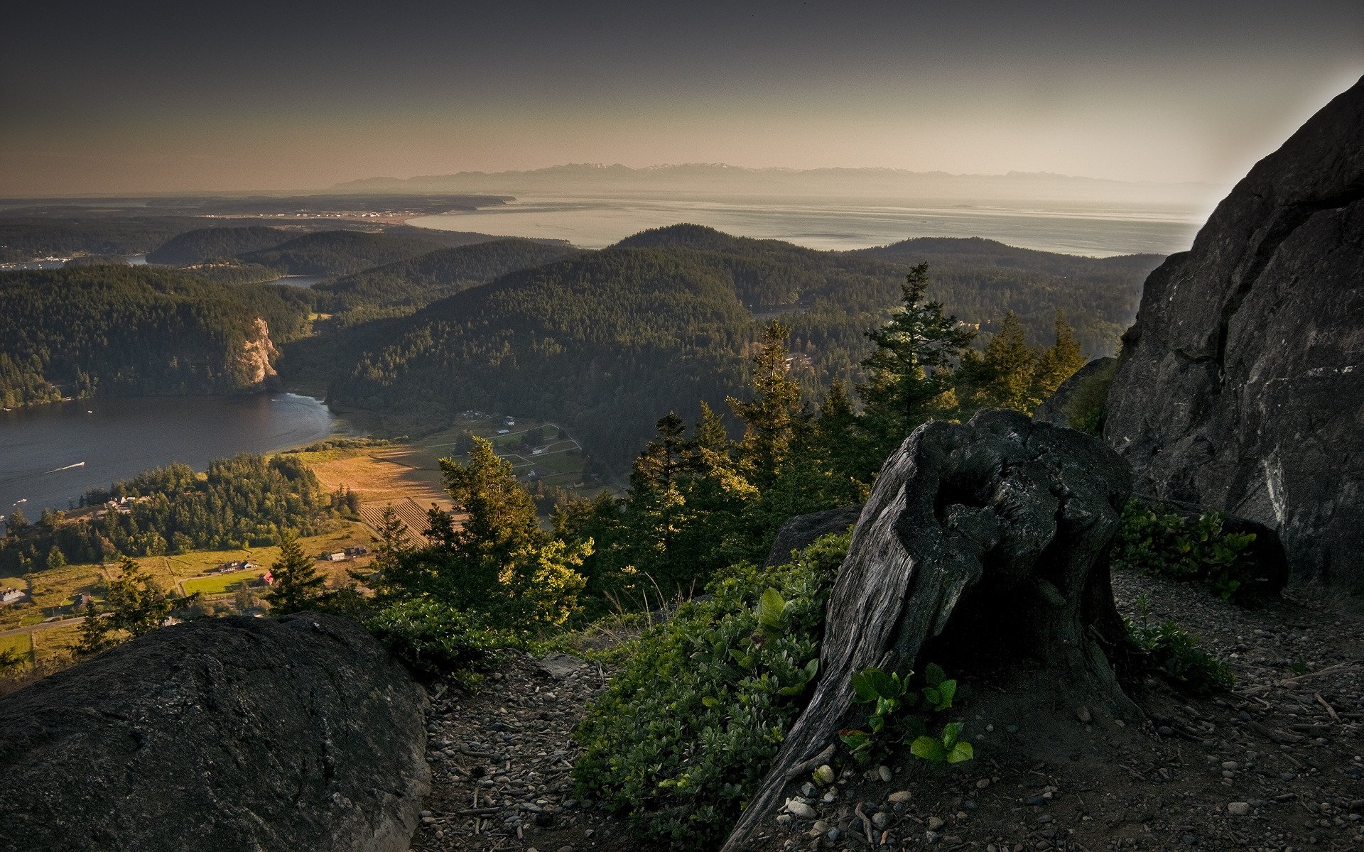 landscape review mountain lake river forest rock stones village house road sky fog horizon stub