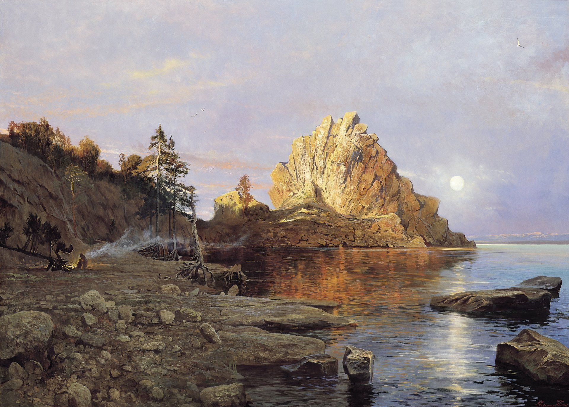 clear lake rock stones 6 mb pattern comb genghis khan lake baikal silhouettes fire smoke the roots tree glorious sea sun reflection beach hills on the horizon landscape