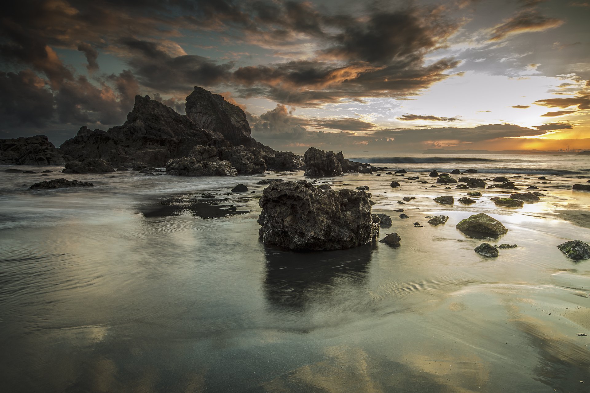 landscape sea rock beach sand sky clouds morning