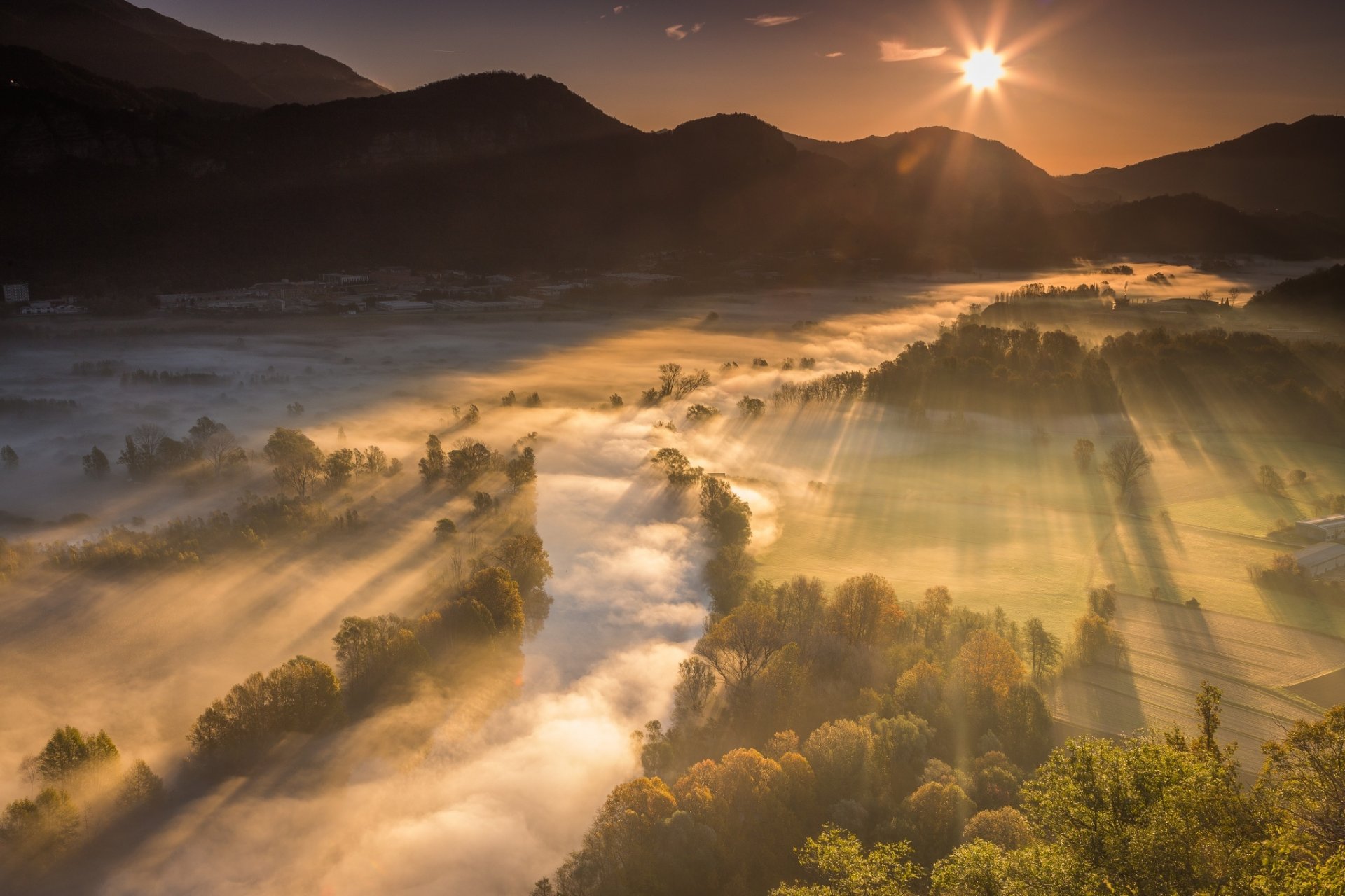 mountain valley river nature light rays fog