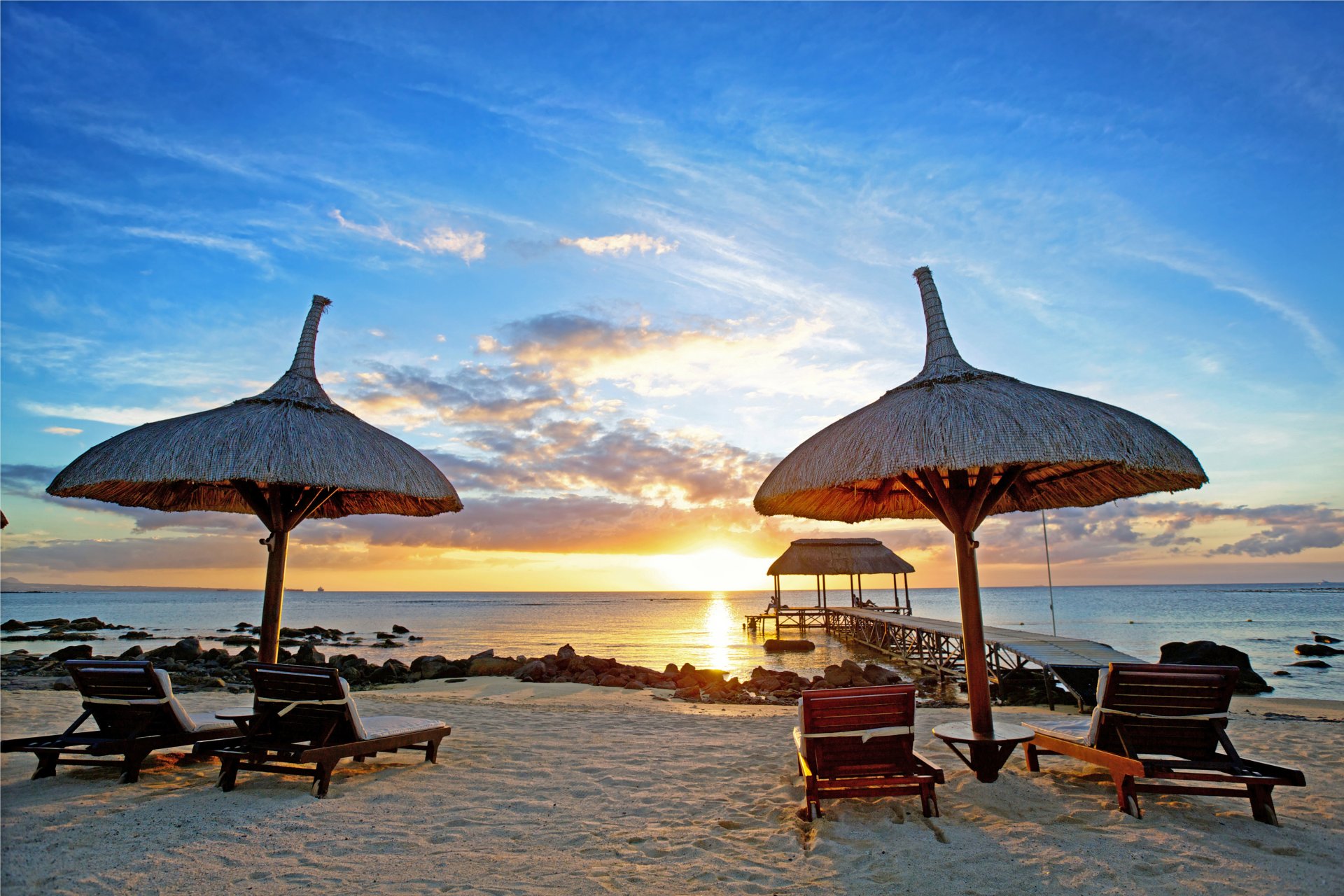 mauritius sunset island indian ocean relax chairs tropical paradise beach vacation sea palm tropics sand