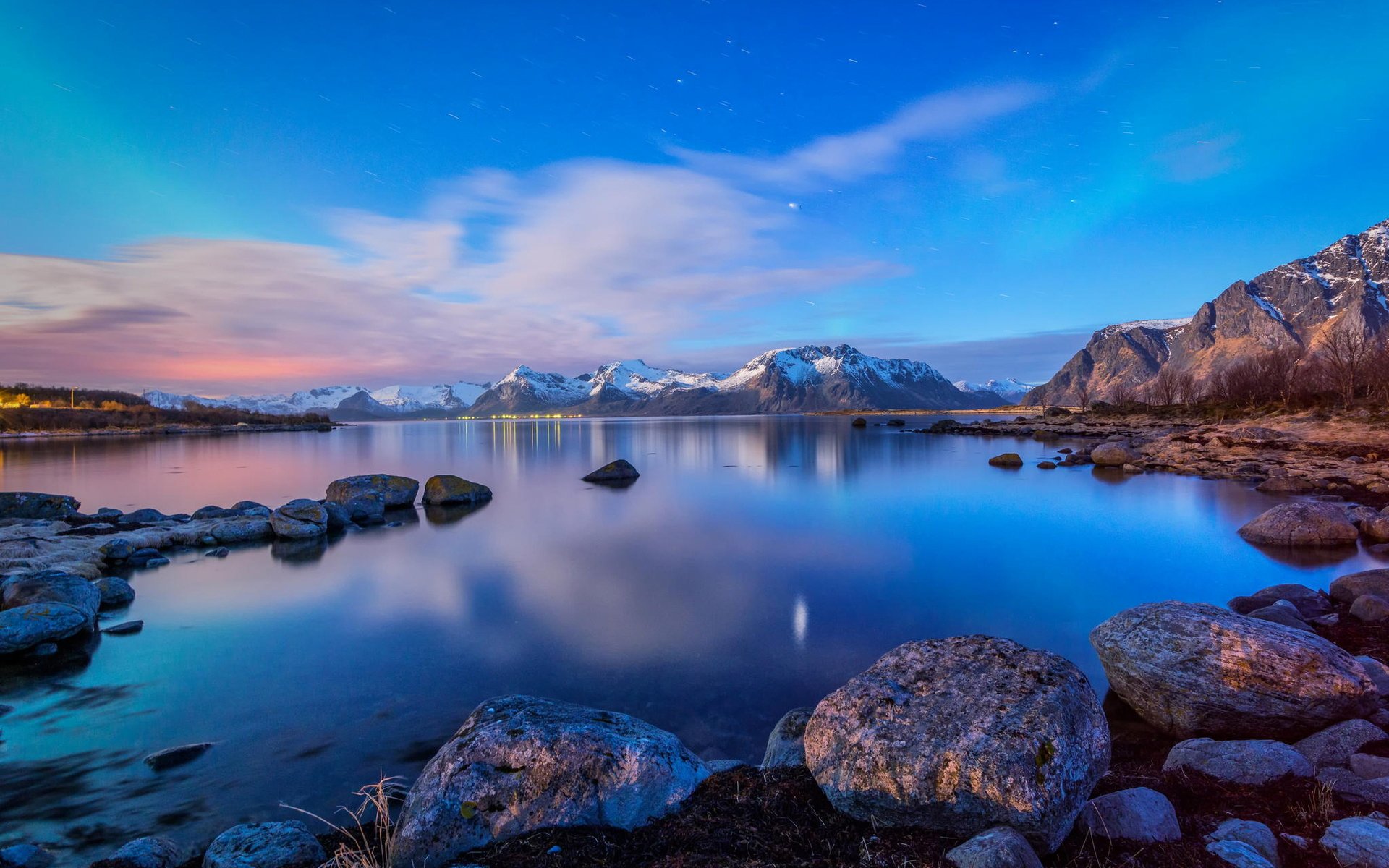 sky clouds mountain lake stones