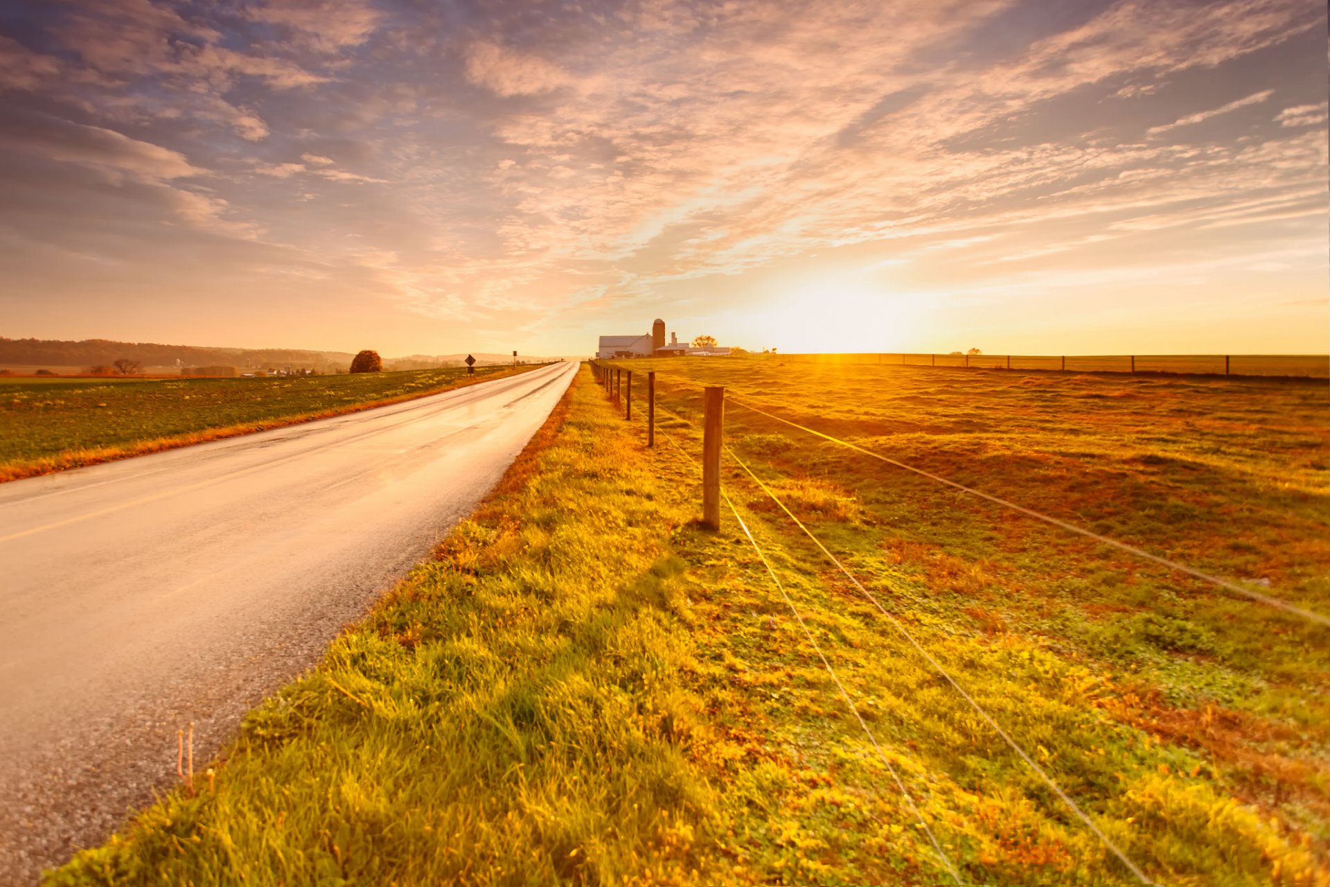 road autumn the field grass fence nature sky clouds