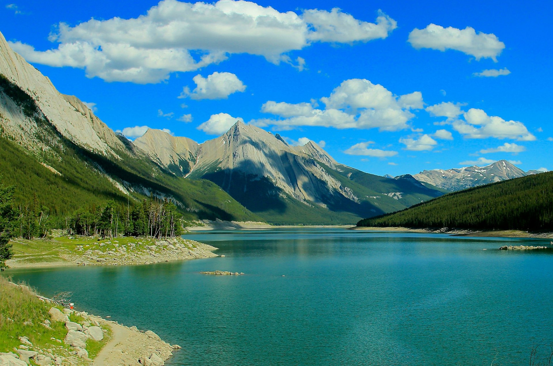 medicine lake jasper national park albert canada mountain lake tree forest clouds