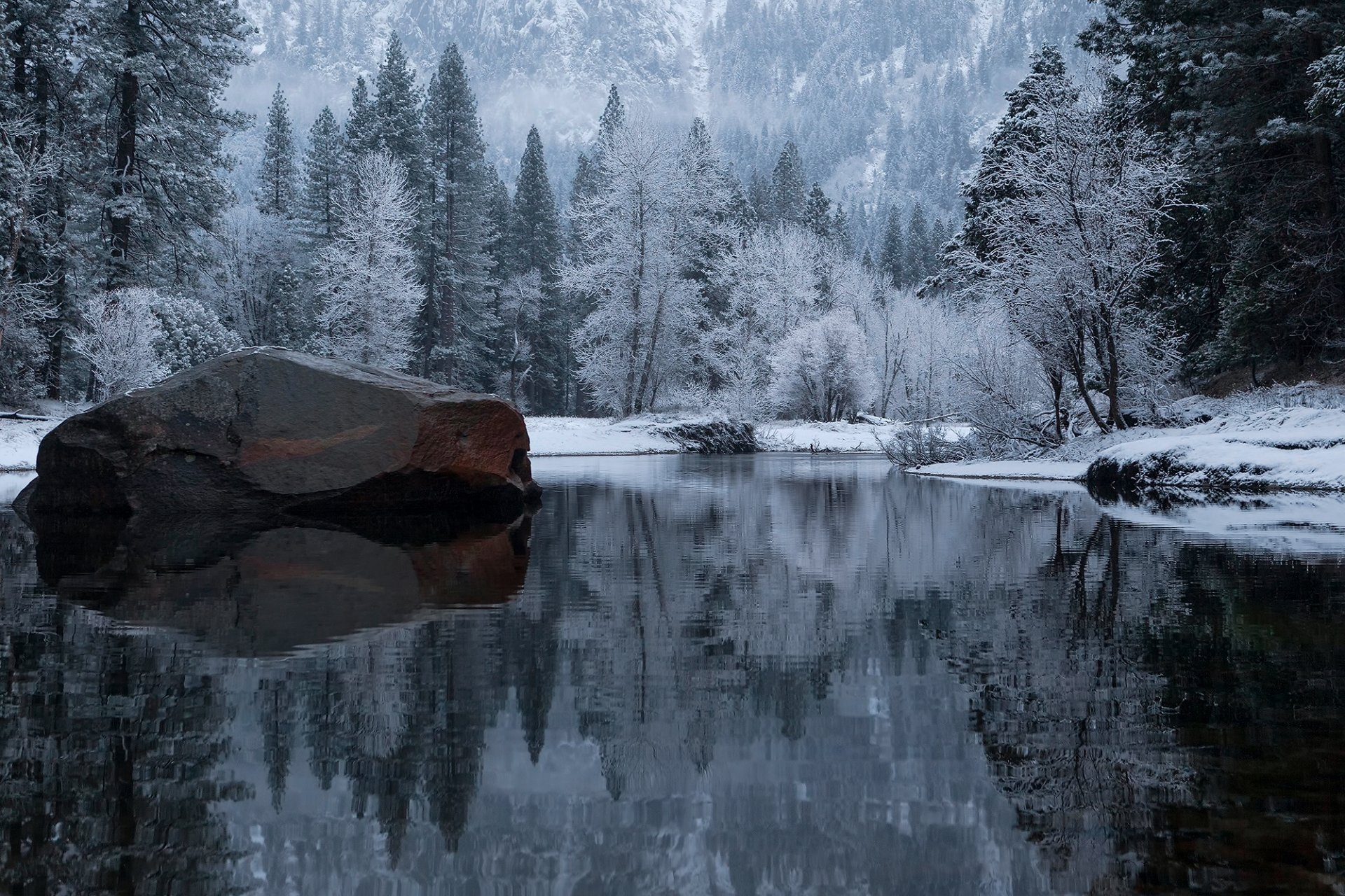 united states state california national park yosemite winter forest lake stone